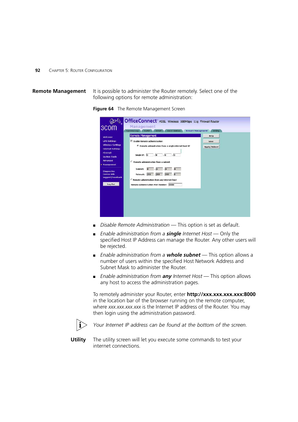 Remote management, Utility | 3Com 3CRWDR200A-75 User Manual | Page 92 / 144