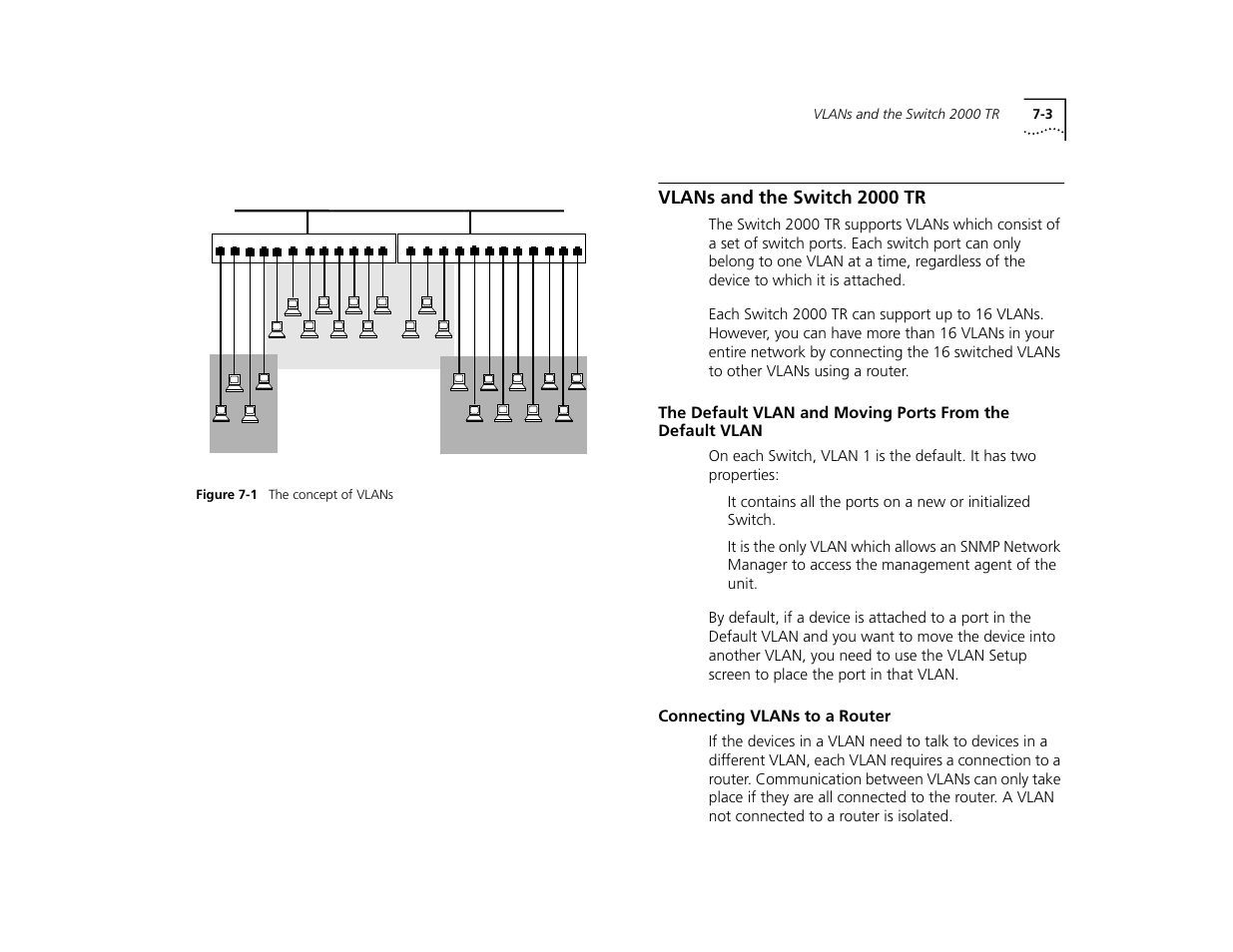 Vlans and the switch 2000 tr, The default vlan and moving ports from the default, Connecting vlans to a router | Vlans and the switch 2000 tr 7-3, Vlan 7-3, Connecting vlans to a router 7-3 | 3Com TR User Manual | Page 101 / 126