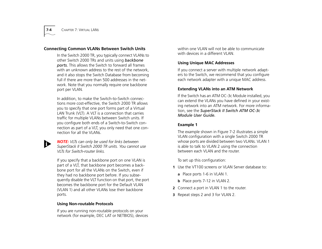 Connecting common vlans between switch units, Using non-routable protocols, Using unique mac addresses | Extending vlans into an atm network, Example 1, Connecting common vlans between switch units 7-4, Using non-routable protocols 7-4, Using unique mac addresses 7-4, Extending vlans into an atm network 7-4, Example 1 7-4 | 3Com TR User Manual | Page 102 / 126