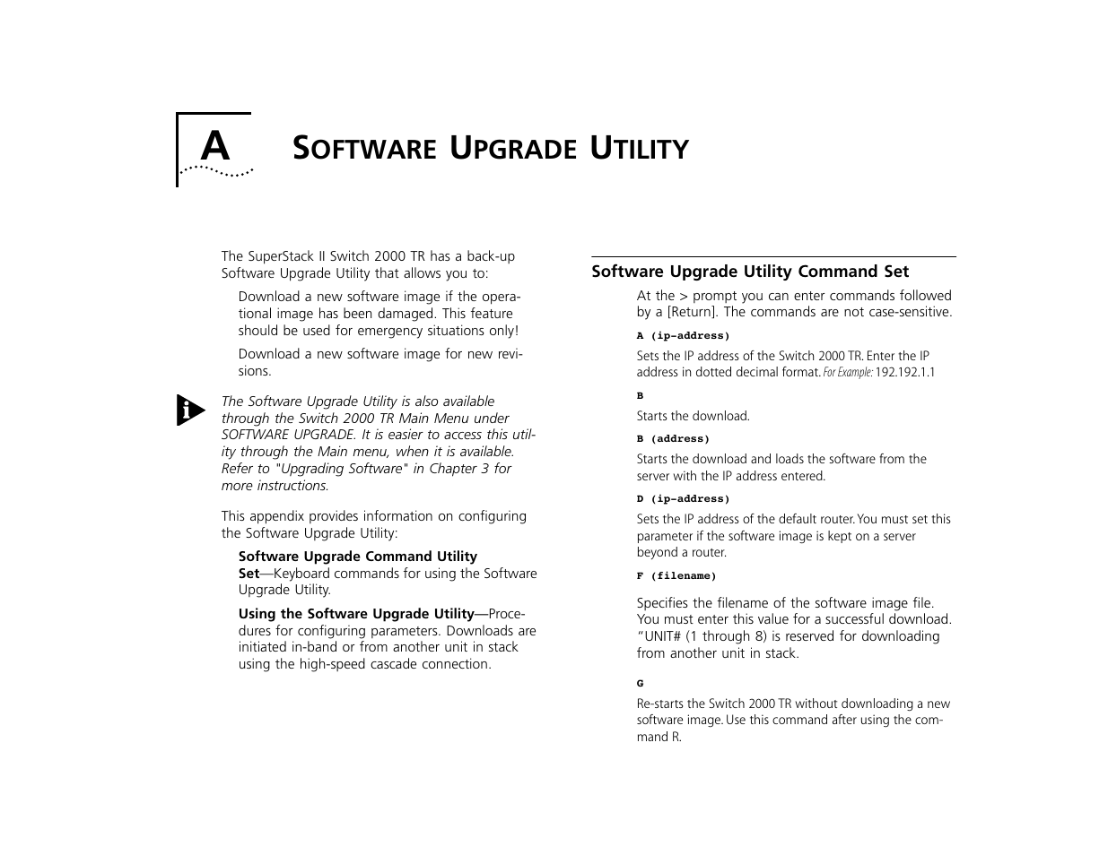 Software upgrade utility, Software upgrade utility command set, Oftware | Pgrade, Tility, Software upgrade utility command set a-1 | 3Com TR User Manual | Page 105 / 126