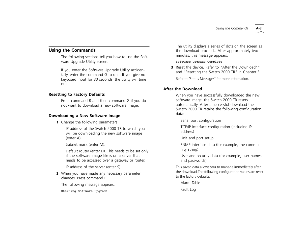 Using the commands, Resetting to factory defaults, Downloading a new software image | After the download, Using the commands a-3, Resetting to factory defaults a-3, Downloading a new software image a-3, After the download a-3 | 3Com TR User Manual | Page 107 / 126