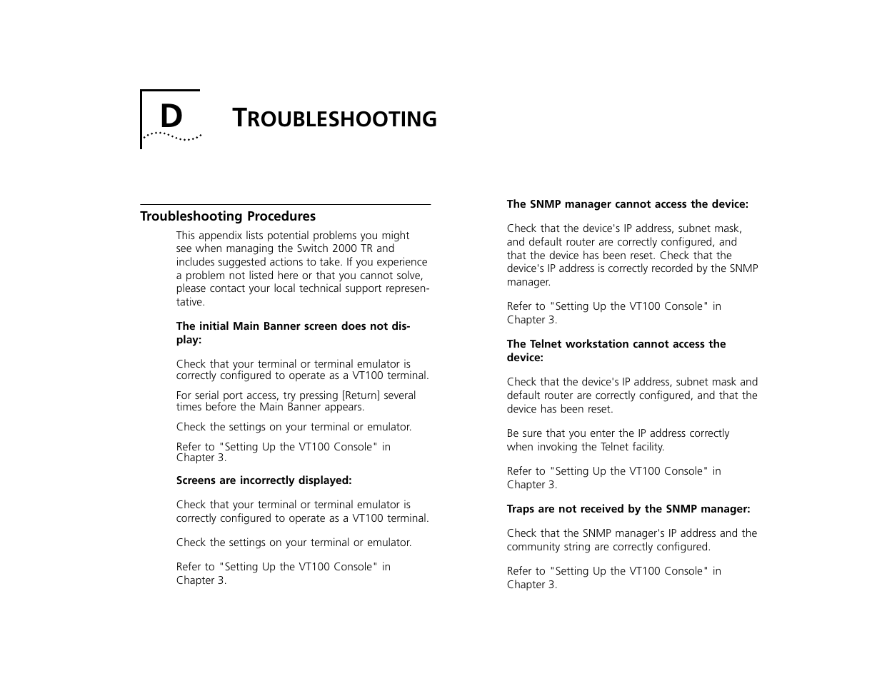 Troubleshooting, Troubleshooting procedures, Roubleshooting | Troubleshooting procedures d-1 | 3Com TR User Manual | Page 113 / 126