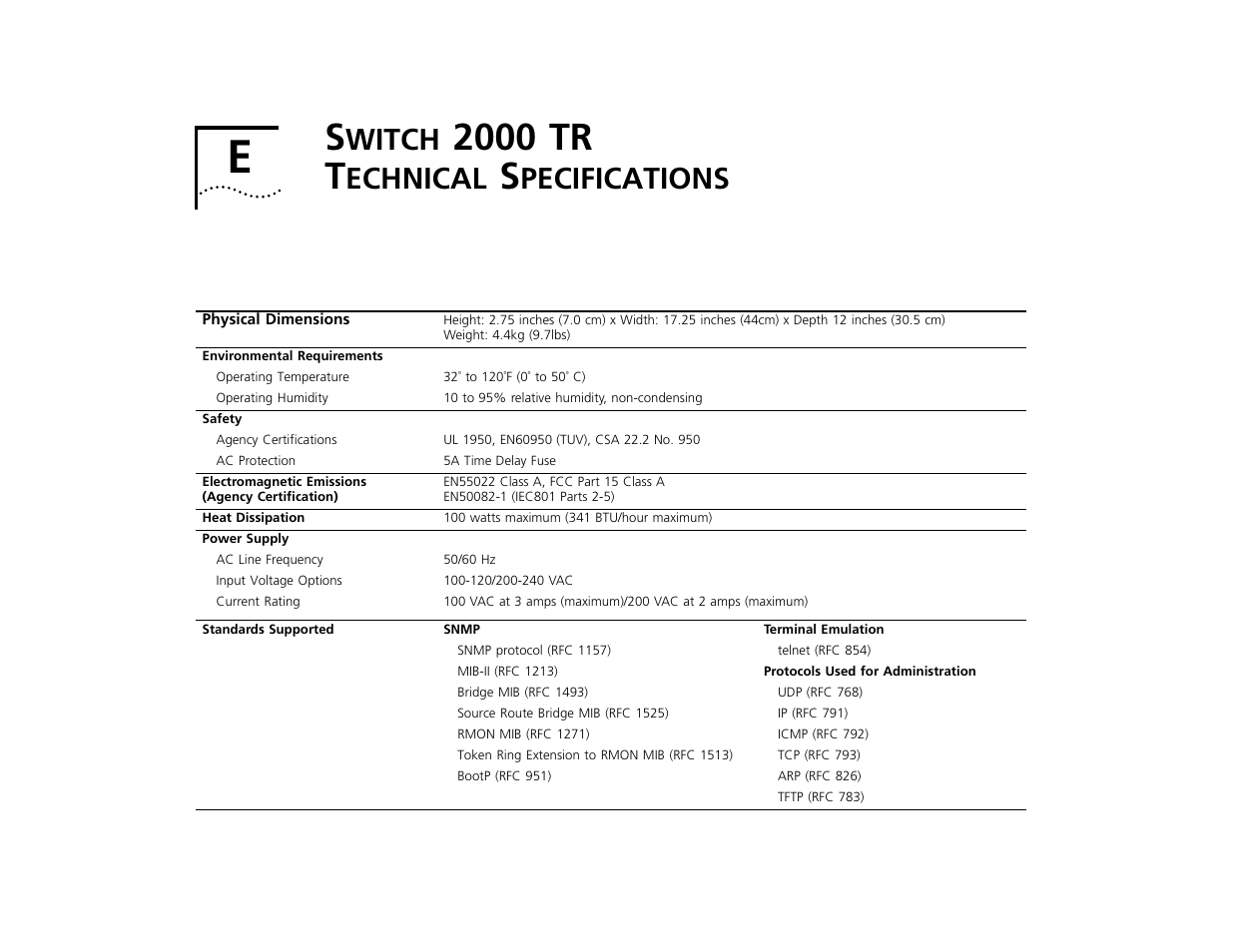 Switch 2000 tr technical specifications, Witch, 2000 tr | Echnical, Pecifications, 2000 tr t | 3Com TR User Manual | Page 115 / 126