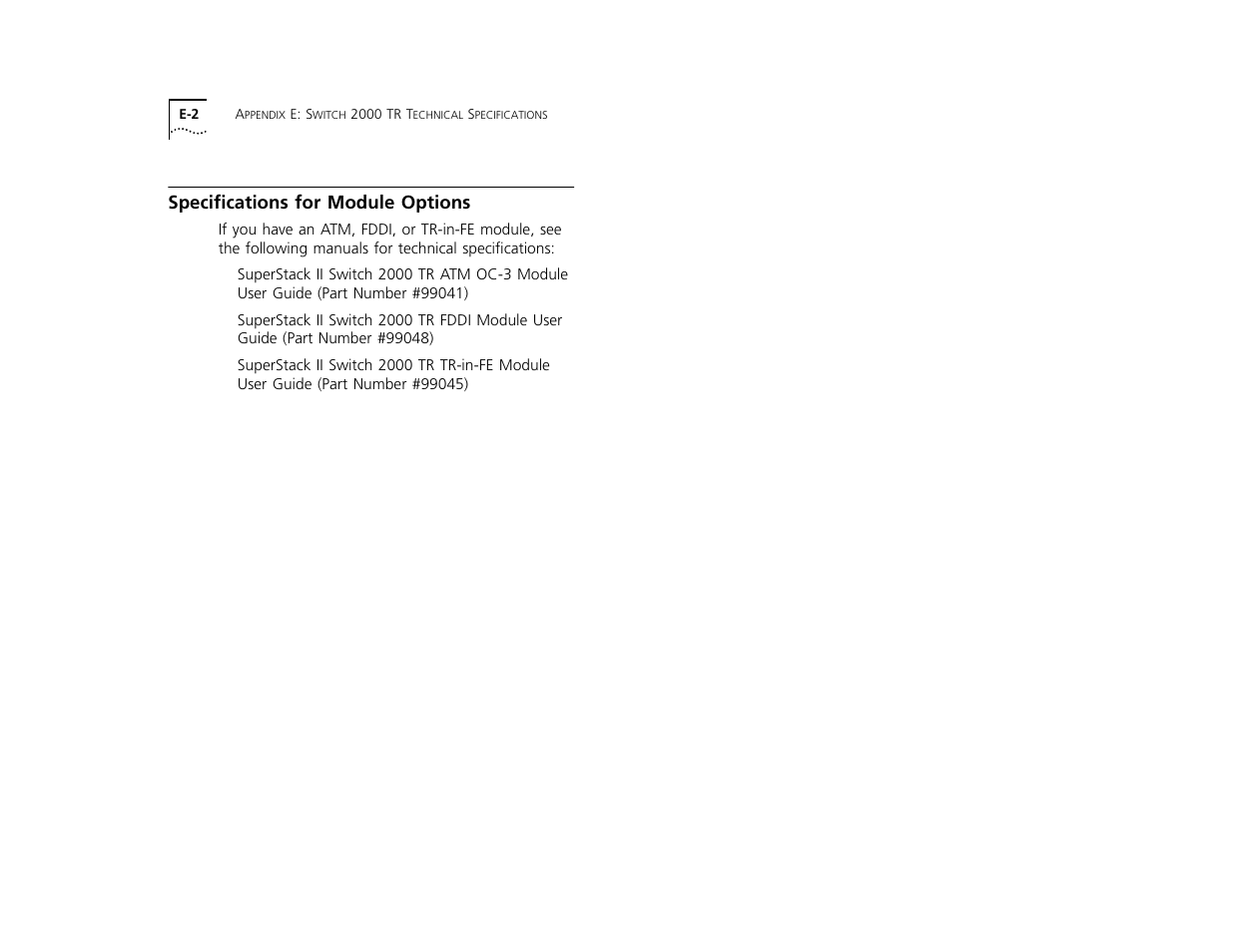 Specifications for module options, Specifications for module options e-2 | 3Com TR User Manual | Page 116 / 126
