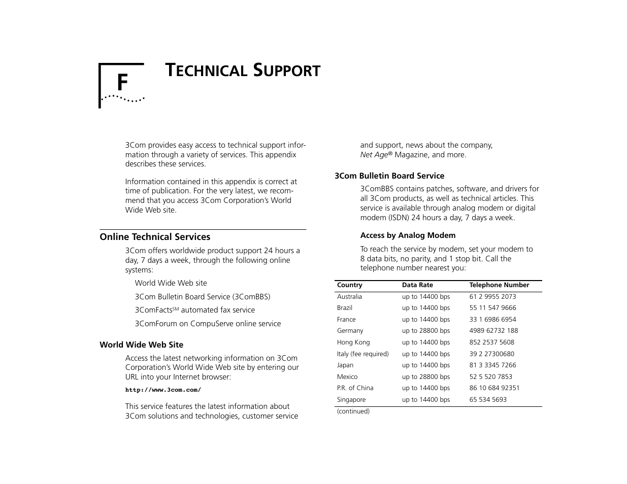 Technical support, Online technical services, World wide web site | 3com bulletin board service, Access by analog modem, Echnical, Upport, Online technical services f-1, World wide web site f-1, 3com bulletin board service f-1 | 3Com TR User Manual | Page 117 / 126