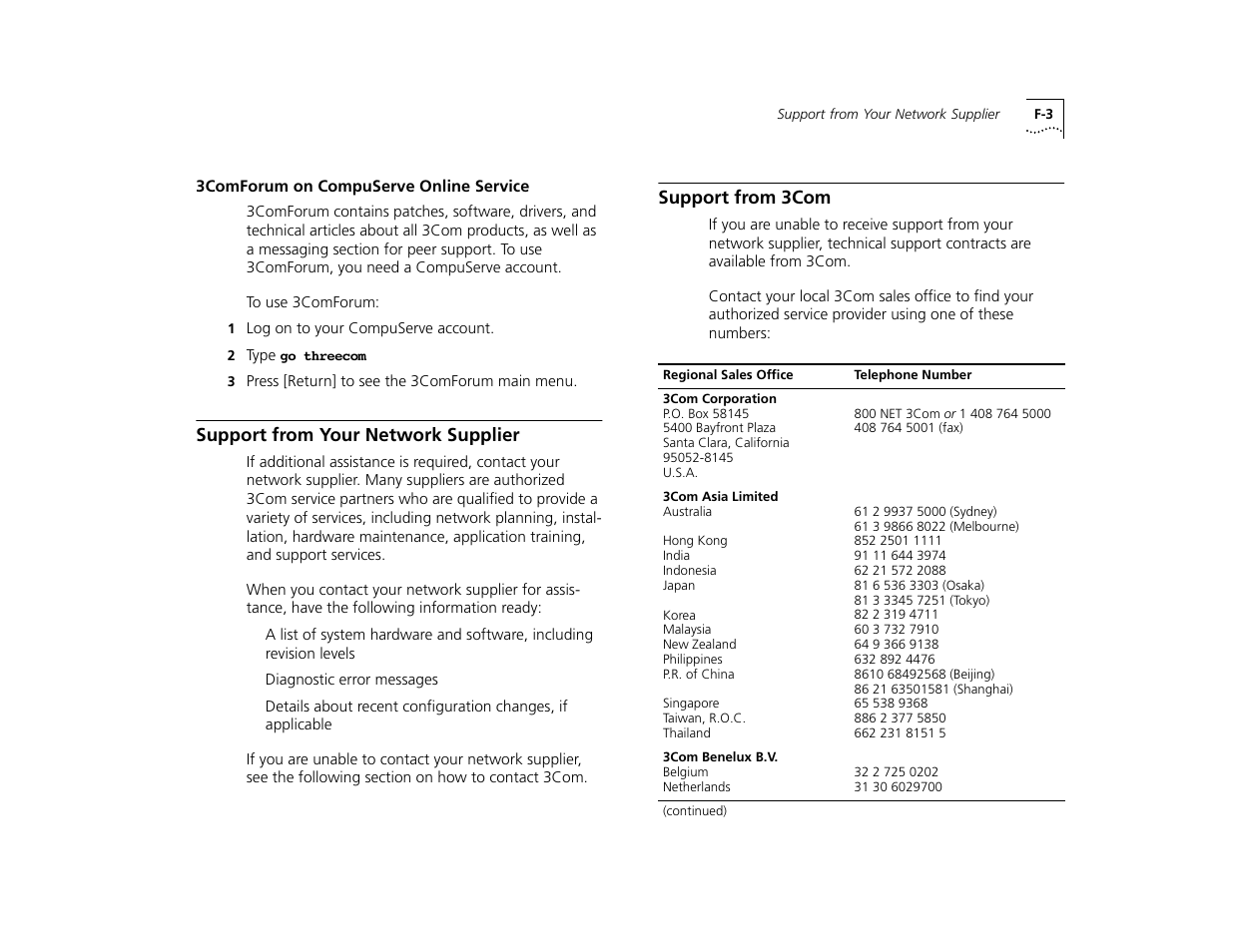 3comforum on compuserve online service, Support from your network supplier, Support from 3com | 3comforum on compuserve online service f-3, Support from your network supplier f-3, Support from 3com f-3 | 3Com TR User Manual | Page 119 / 126