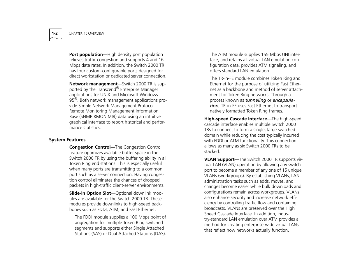 System features, System features 1-2 | 3Com TR User Manual | Page 12 / 126