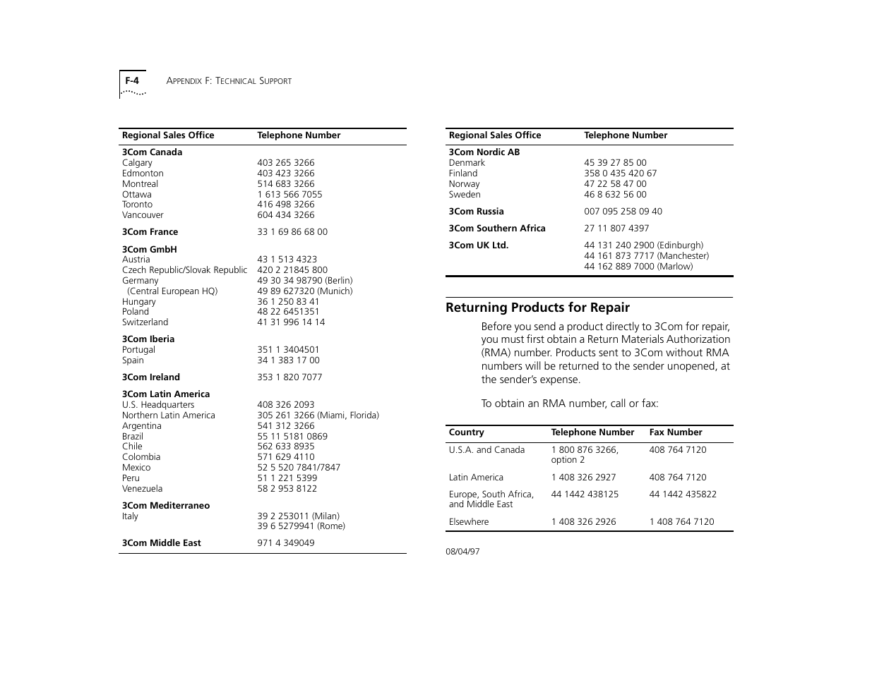 Returning products for repair, Returning products for repair f-4 | 3Com TR User Manual | Page 120 / 126