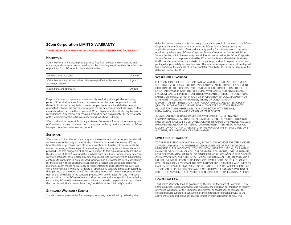 3com corporation limited warranty, Orporation, Imited | Arranty | 3Com TR User Manual | Page 125 / 126