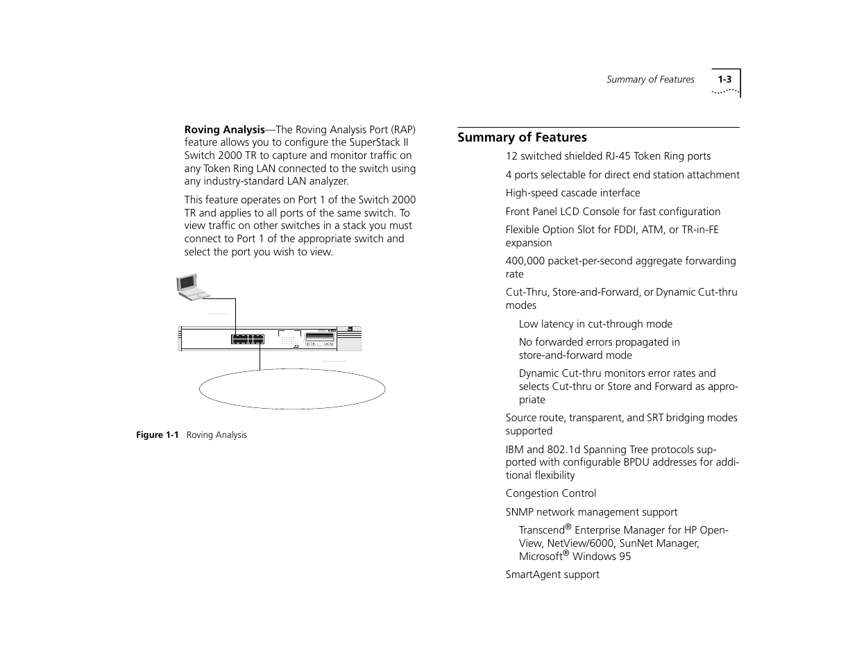 Summary of features, Summary of features 1-3 | 3Com TR User Manual | Page 13 / 126