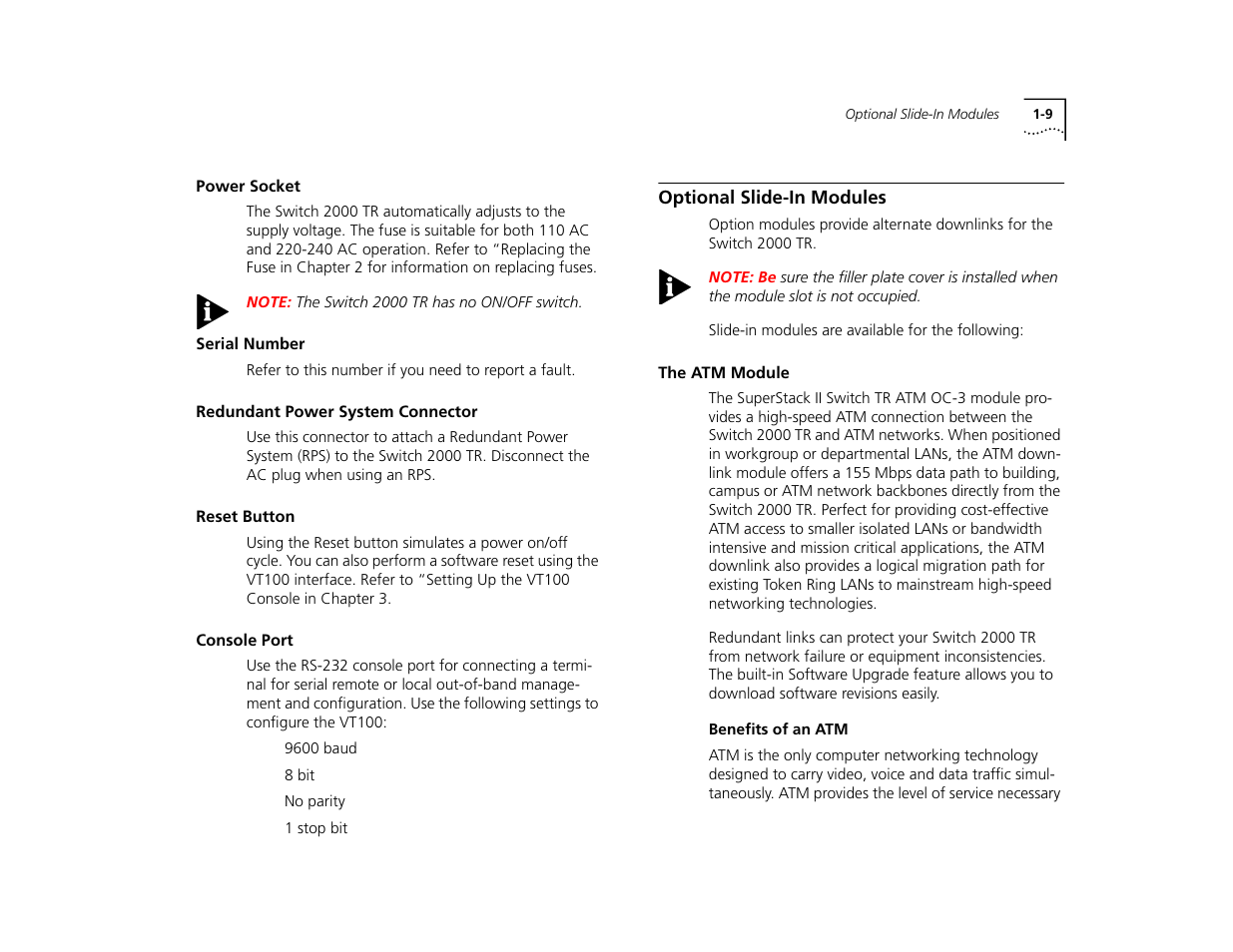 Power socket, Serial number, Redundant power system connector | Reset button, Console port, Optional slide-in modules, The atm module, Benefits of an atm, Power socket 1-9, Serial number 1-9 | 3Com TR User Manual | Page 19 / 126