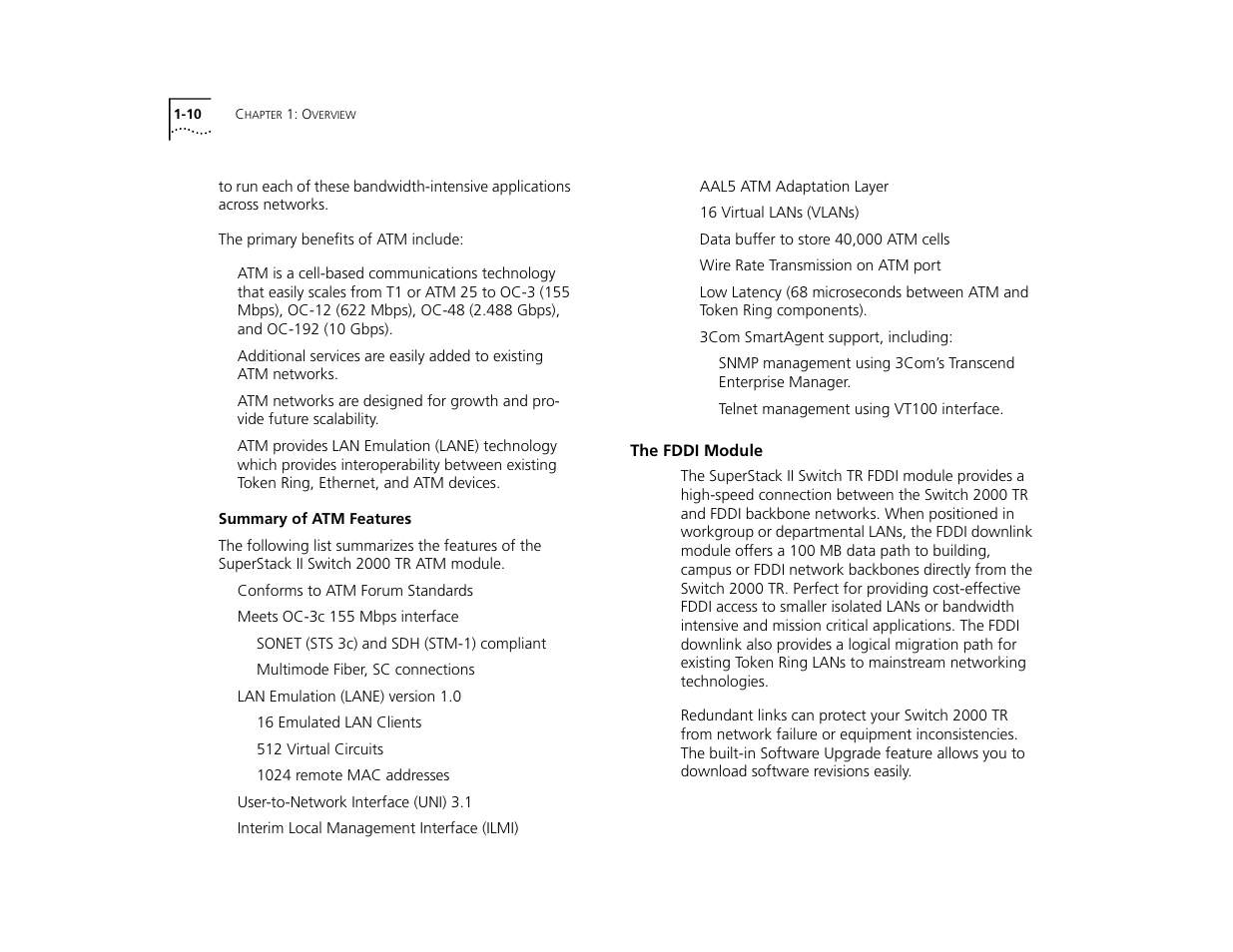 Summary of atm features, The fddi module, Summary of atm features 1-10 | The fddi module 1-10 | 3Com TR User Manual | Page 20 / 126