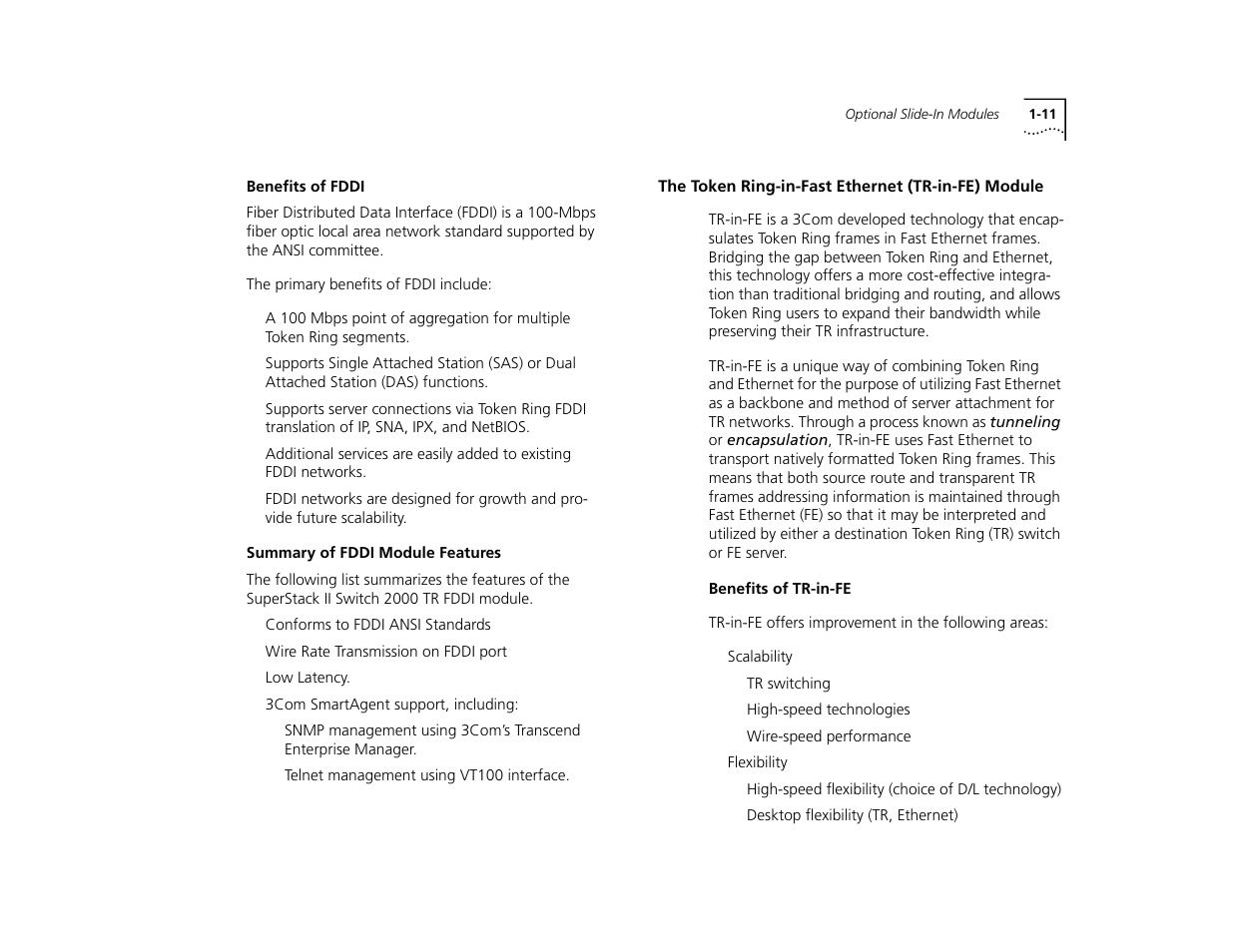 Benefits of fddi, Summary of fddi module features, The token ring-in-fast ethernet (tr-in-fe) module | Benefits of tr-in-fe, Benefits of fddi 1-11, Summary of fddi module features 1-11, Benefits of tr-in-fe 1-11 | 3Com TR User Manual | Page 21 / 126