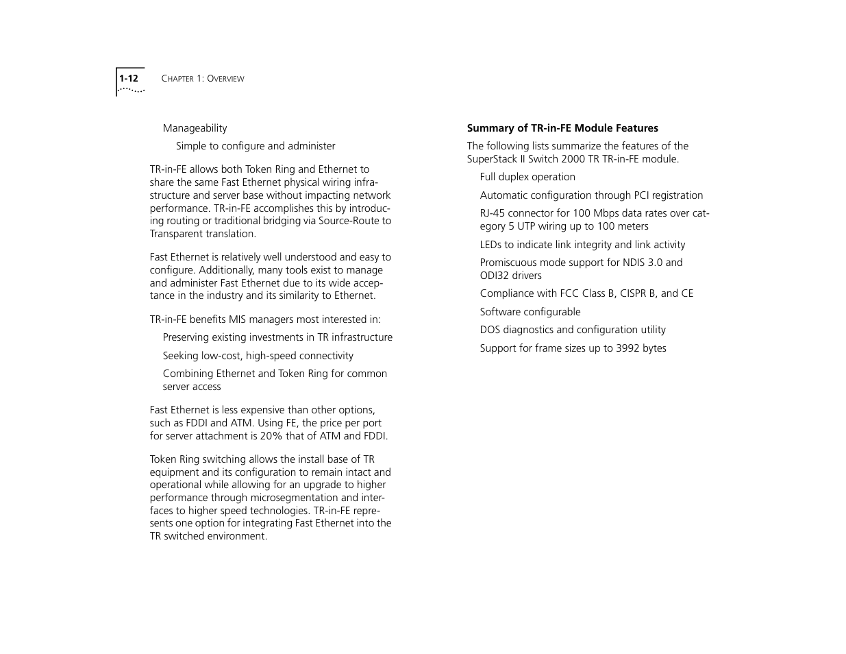 Summary of tr-in-fe module features, Summary of tr-in-fe module features 1-12 | 3Com TR User Manual | Page 22 / 126