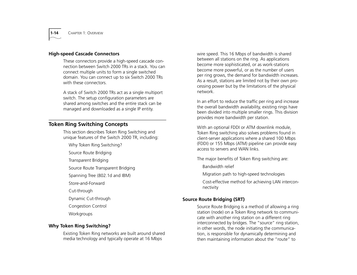 High-speed cascade connectors, Token ring switching concepts, Why token ring switching | Source route bridging (srt), High-speed cascade connectors 1-14, Token ring switching concepts 1-14, Why token ring switching? 1-14, Source route bridging (srt) 1-14 | 3Com TR User Manual | Page 24 / 126