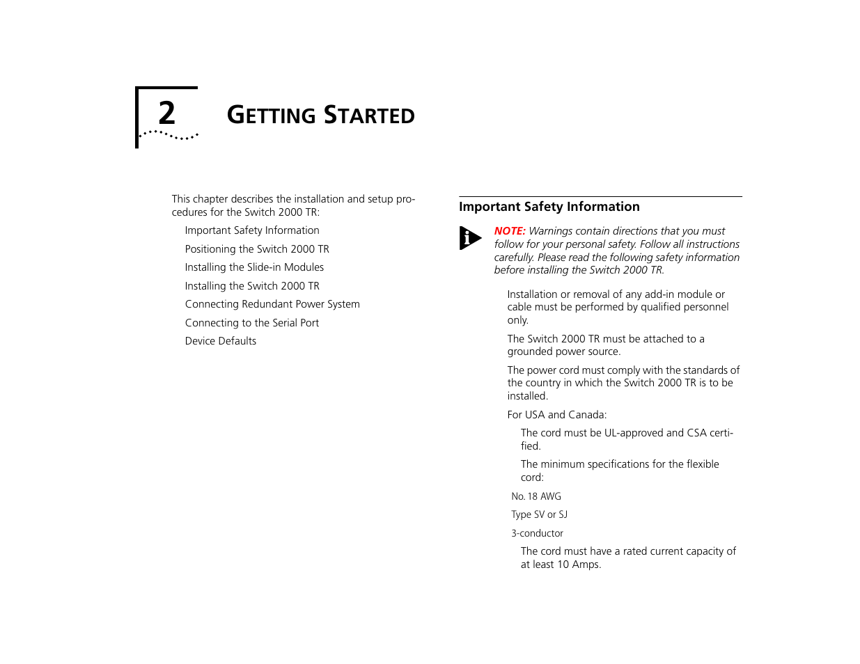 Getting started, Important safety information, Etting | Tarted, Important safety information 2-1 | 3Com TR User Manual | Page 29 / 126