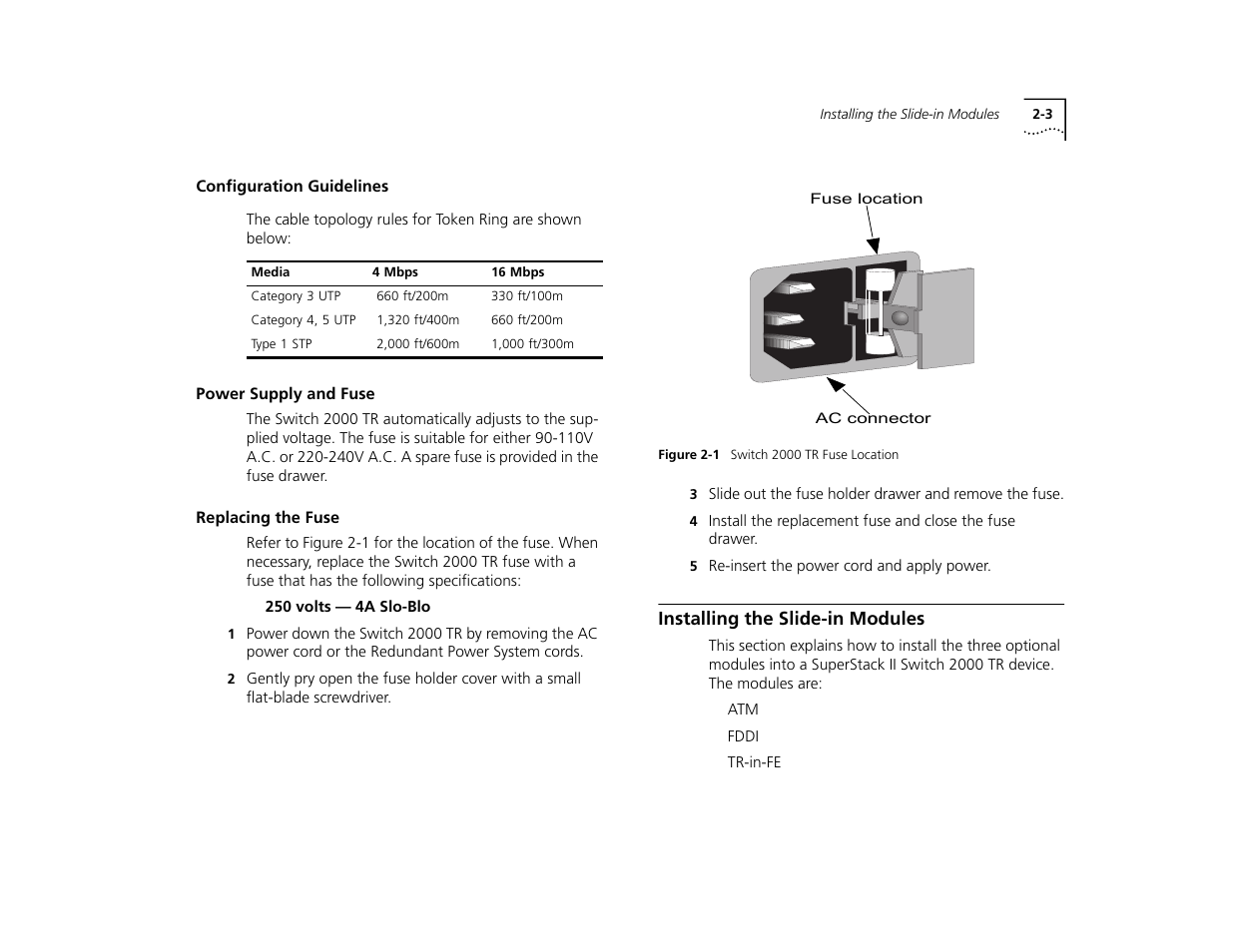 Configuration guidelines, Power supply and fuse, Replacing the fuse | Installing the slide-in modules, Configuration guidelines 2-3, Power supply and fuse 2-3, Replacing the fuse 2-3, Installing the slide-in modules 2-3 | 3Com TR User Manual | Page 31 / 126