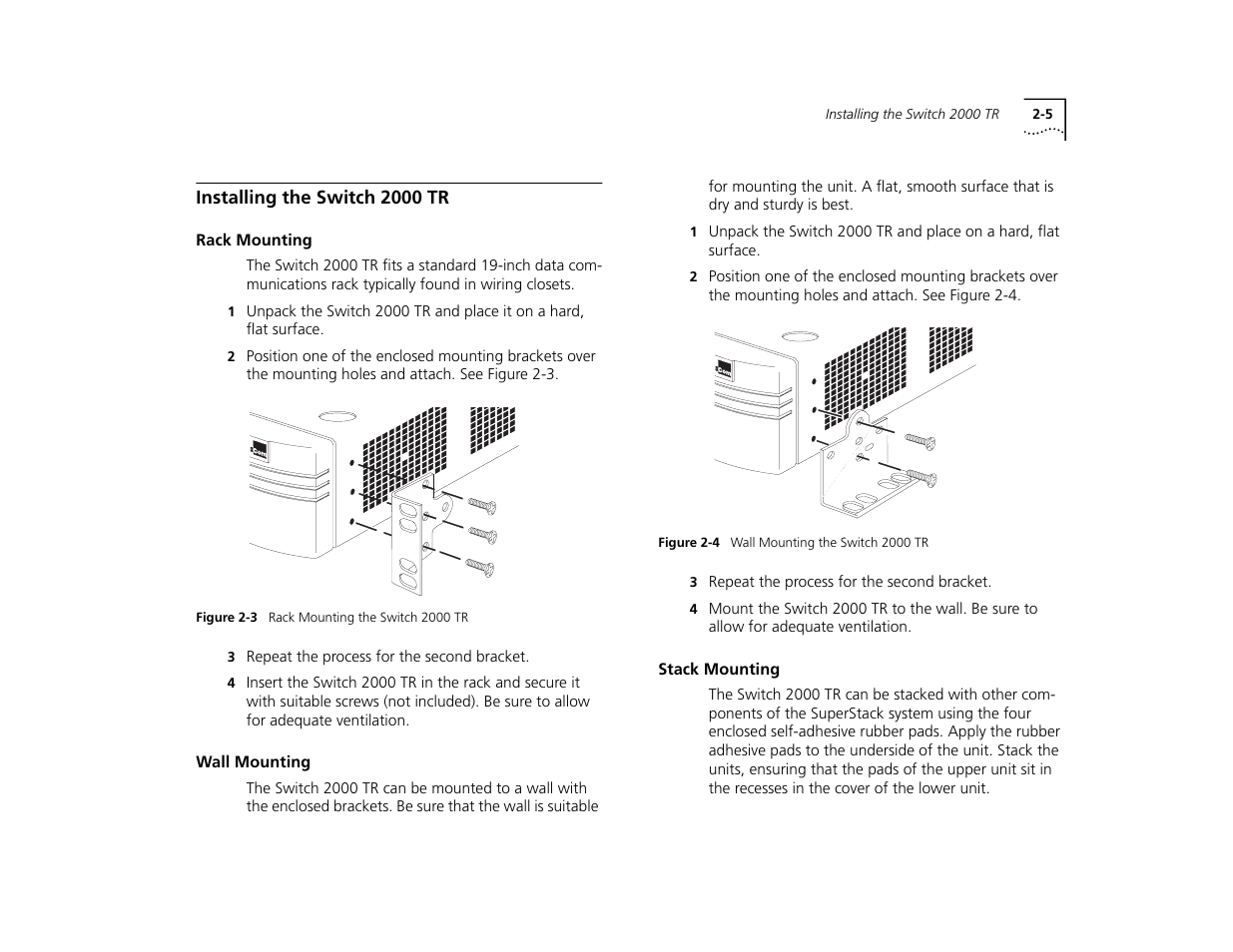 Installing the switch 2000 tr, Rack mounting, Wall mounting | Stack mounting, Installing the switch 2000 tr 2-5, Rack mounting 2-5, Wall mounting 2-5, Stack mounting 2-5 | 3Com TR User Manual | Page 33 / 126