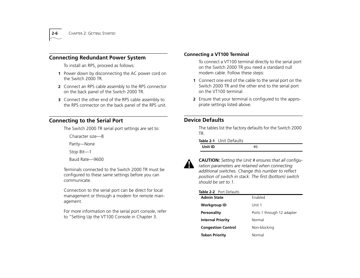 Connecting redundant power system, Connecting to the serial port, Connecting a vt100 terminal | Device defaults, Connecting redundant power system 2-6, Connecting to the serial port 2-6, Connecting a vt100 terminal 2-6, Device defaults 2-6 | 3Com TR User Manual | Page 34 / 126