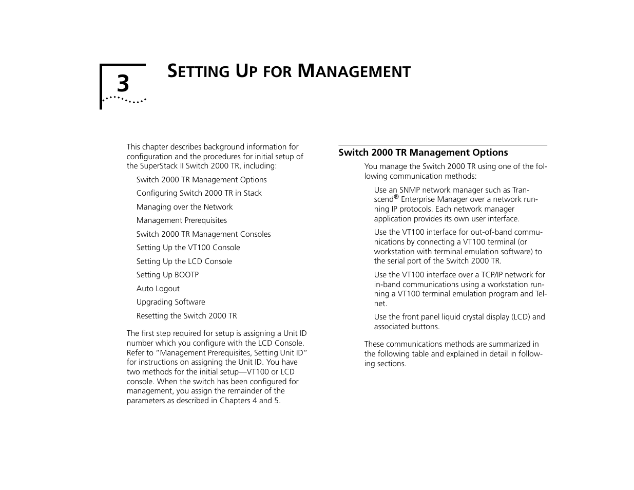 Setting up for management, Switch 2000 tr management options, Etting | Anagement, Switch 2000 tr management options 3-1 | 3Com TR User Manual | Page 37 / 126