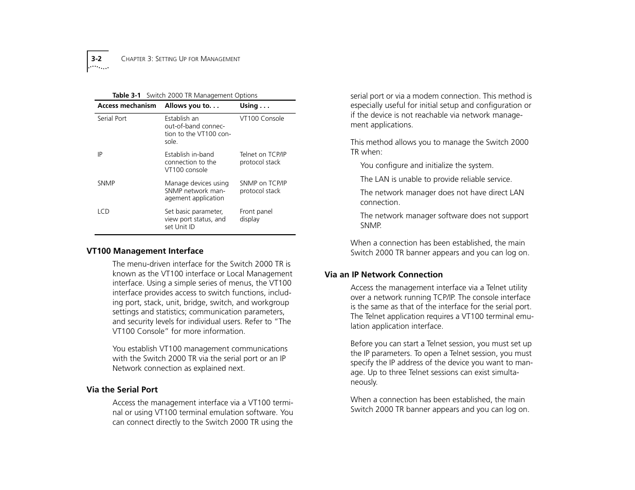 Vt100 management interface, Via the serial port, Via an ip network connection | Vt100 management interface 3-2, Via the serial port 3-2, Via an ip network connection 3-2 | 3Com TR User Manual | Page 38 / 126