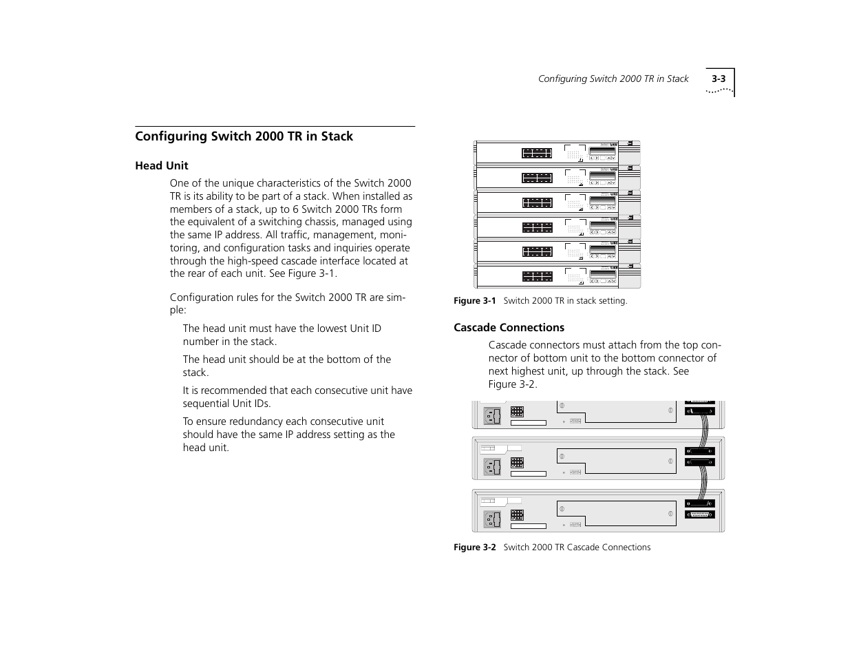 Configuring switch 2000 tr in stack, Head unit, Cascade connections | Configuring switch 2000 tr in stack 3-3, Head unit 3-3, Cascade connections 3-3 | 3Com TR User Manual | Page 39 / 126