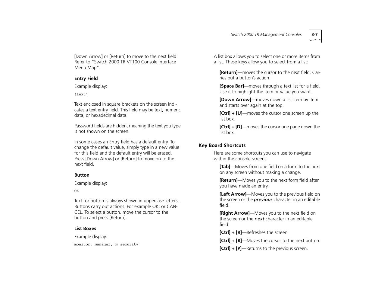 Entry field, Button, List boxes | Key board shortcuts, Entry field 3-7, Button 3-7, List boxes 3-7, Key board shortcuts 3-7 | 3Com TR User Manual | Page 43 / 126