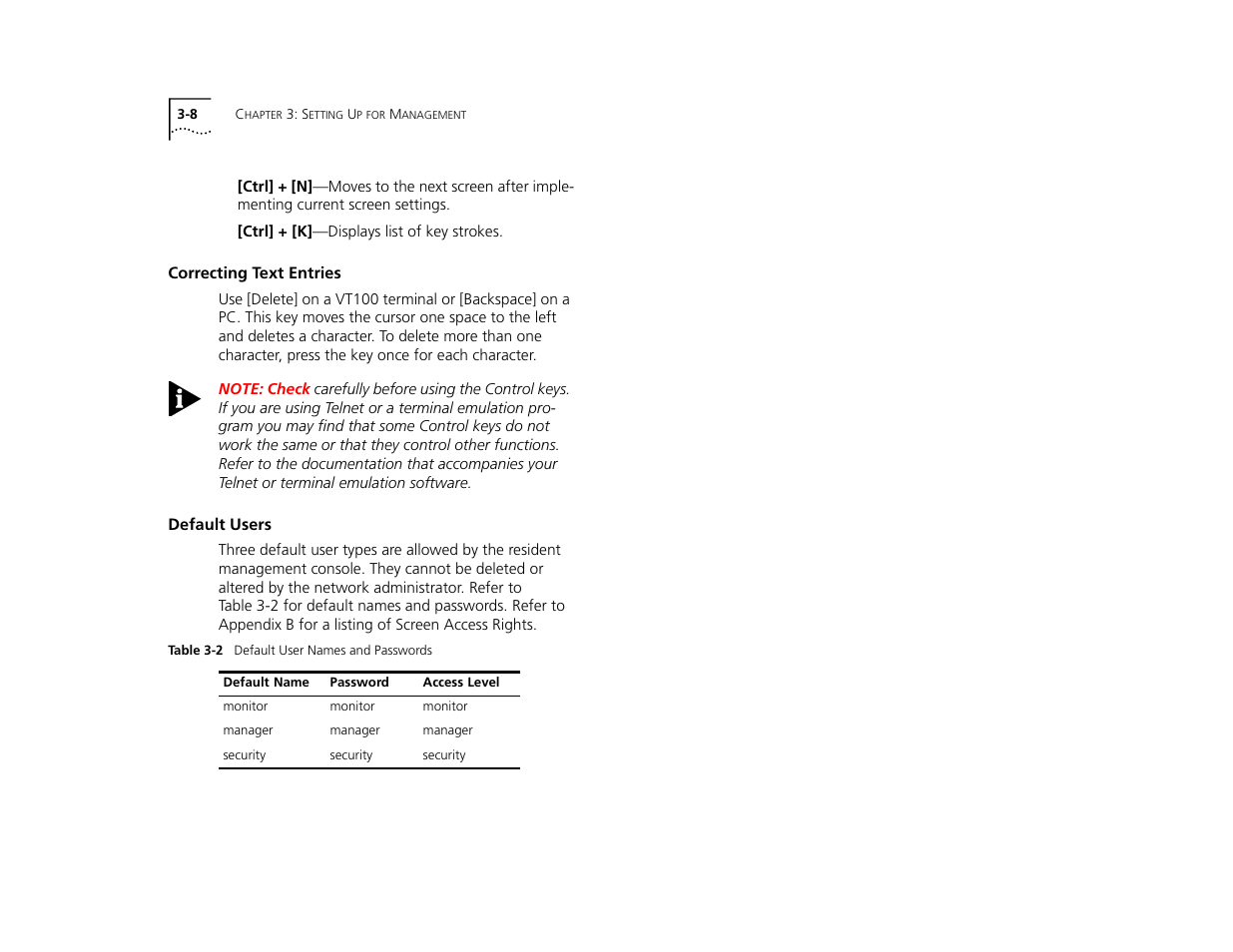 Correcting text entries, Default users, Correcting text entries 3-8 | Default users 3-8 | 3Com TR User Manual | Page 44 / 126