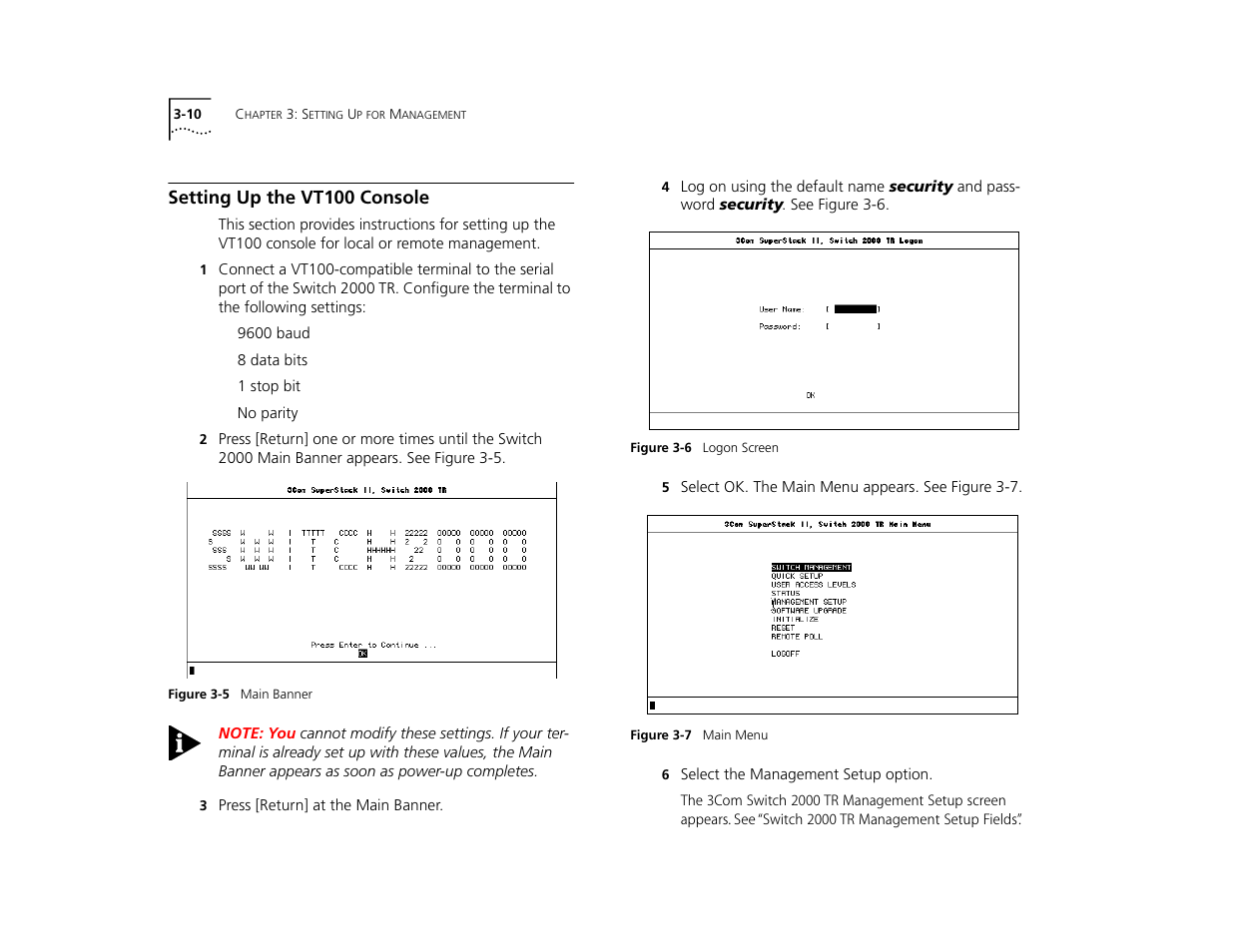 Setting up the vt100 console, Setting up the vt100 console 3-10 | 3Com TR User Manual | Page 46 / 126