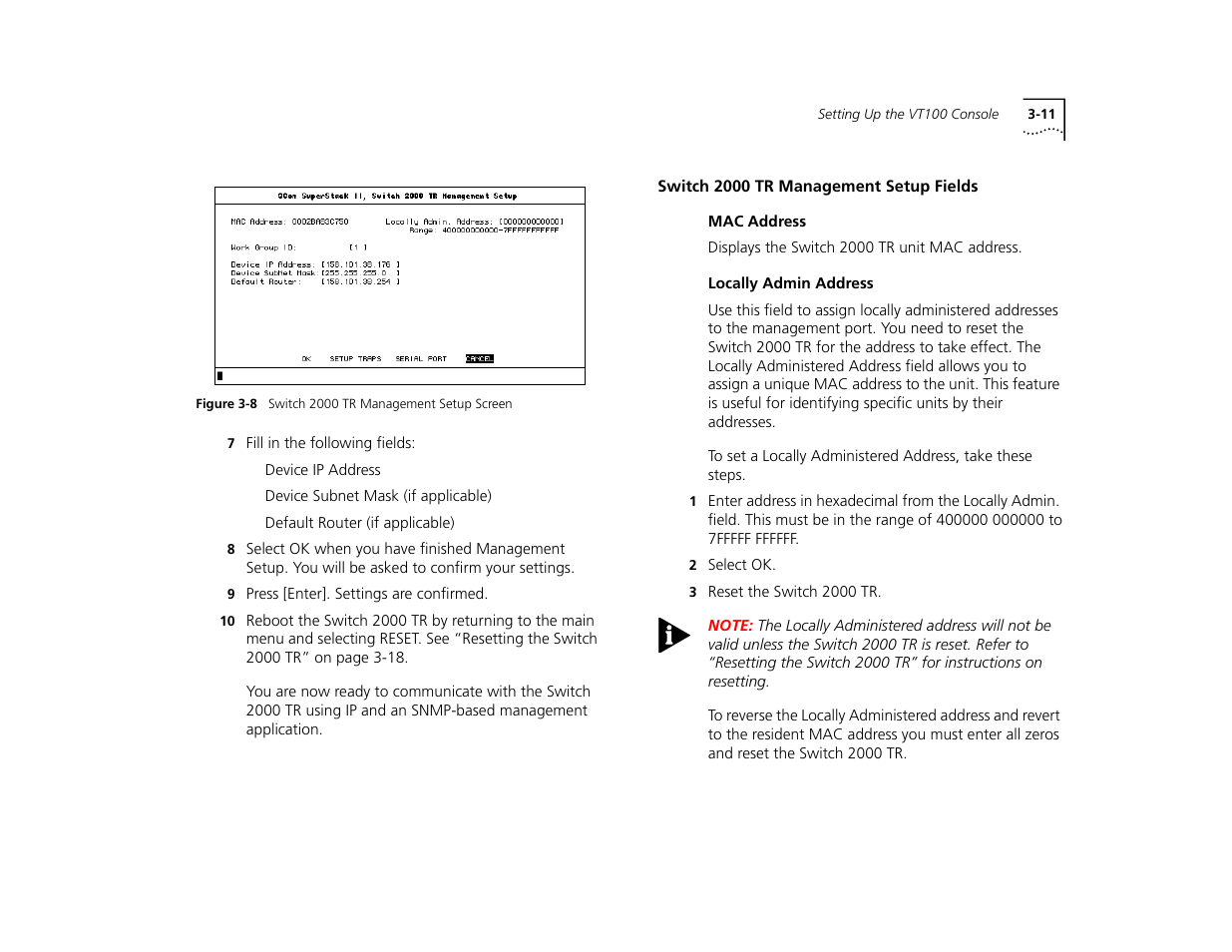 Switch 2000 tr management setup fields, Mac address, Locally admin address | Switch 2000 tr management setup fields 3-11, Mac address 3-11, Locally admin address 3-11 | 3Com TR User Manual | Page 47 / 126