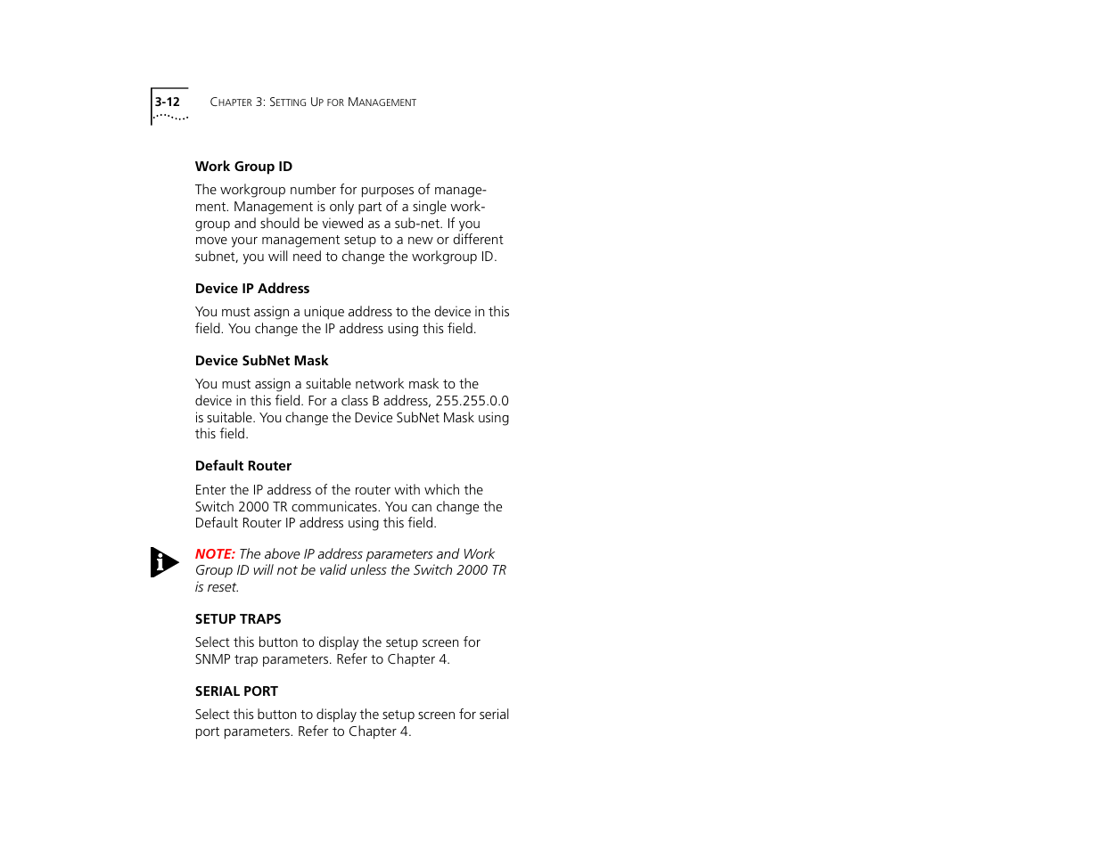 Work group id, Device ip address, Device subnet mask | Default router, Setup traps, Serial port, Work group id 3-12, Device ip address 3-12, Device subnet mask 3-12, Default router 3-12 | 3Com TR User Manual | Page 48 / 126