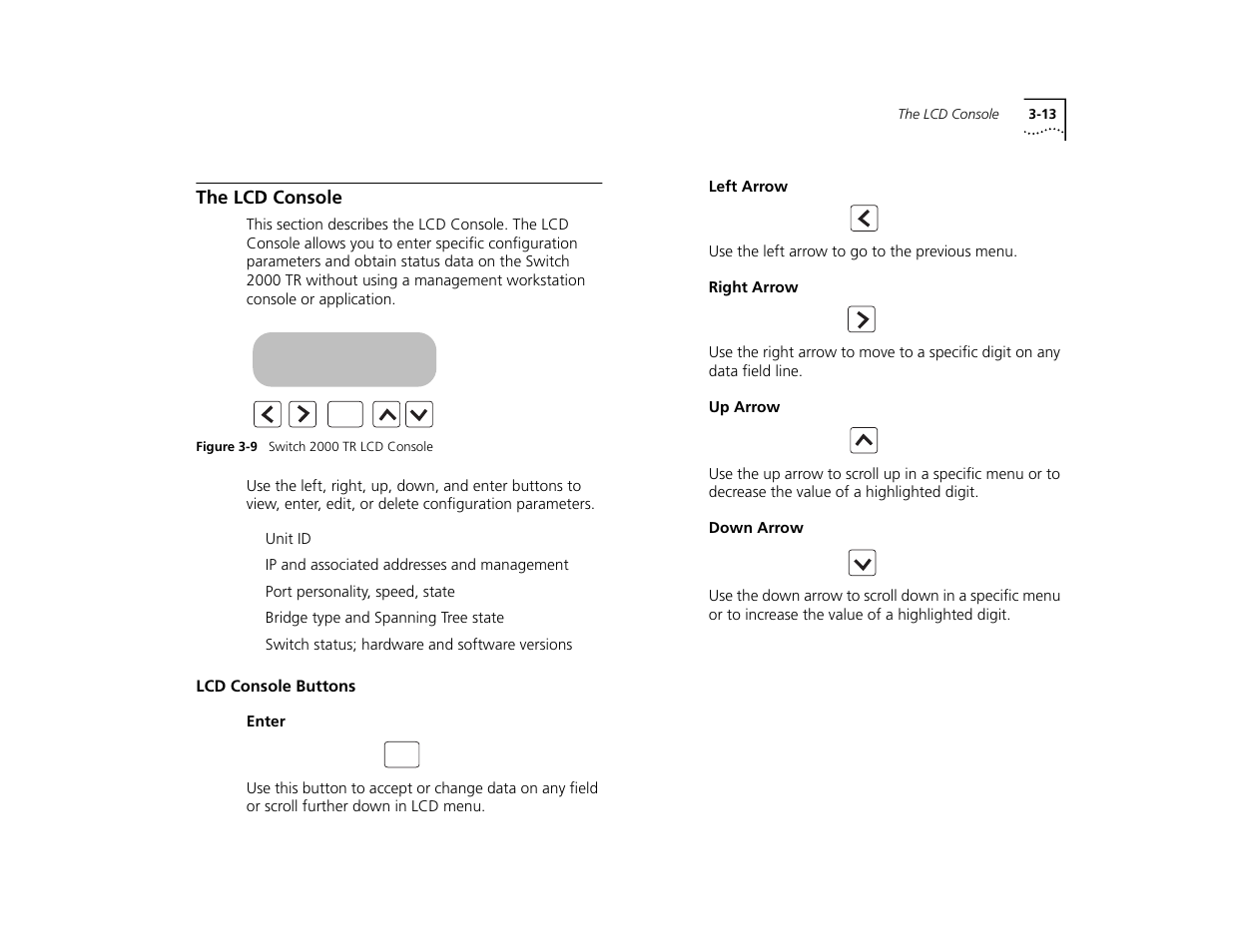 The lcd console, Lcd console buttons, Enter | Left arrow, Right arrow, Up arrow, Down arrow, The lcd console 3-13, Lcd console buttons 3-13, Enter 3-13 | 3Com TR User Manual | Page 49 / 126