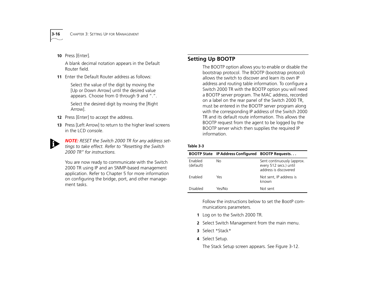 Setting up bootp, Setting up bootp 3-16 | 3Com TR User Manual | Page 52 / 126