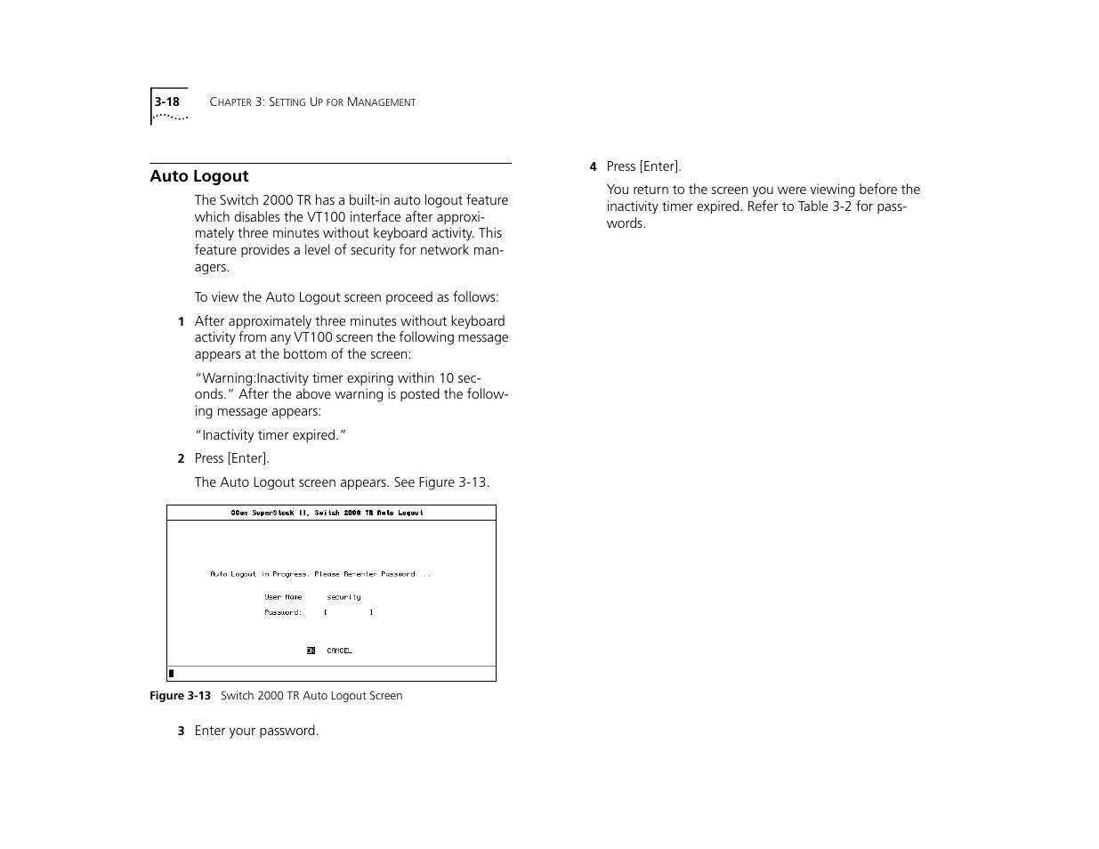 Auto logout, Auto logout 3-18 | 3Com TR User Manual | Page 54 / 126