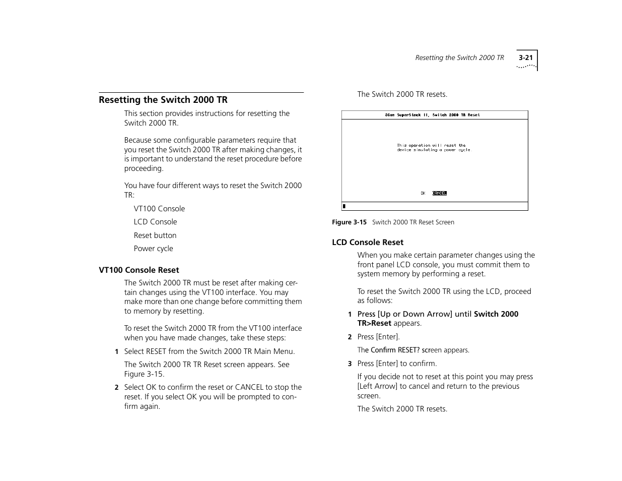 Resetting the switch 2000 tr, Vt100 console reset, Lcd console reset | Resetting the switch 2000 tr 3-21, Vt100 console reset 3-21, Lcd console reset 3-21 | 3Com TR User Manual | Page 57 / 126