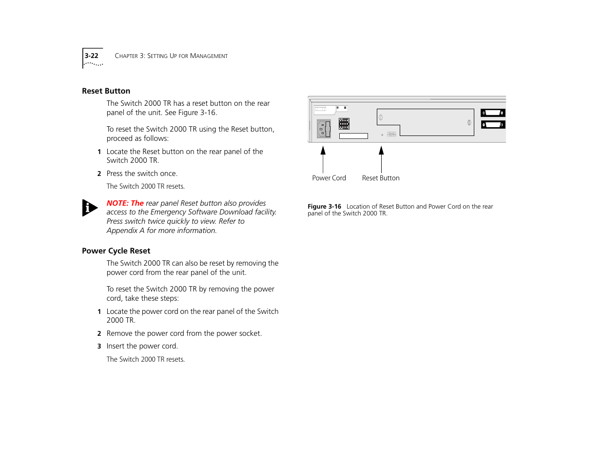 Reset button, Power cycle reset, Reset button 3-22 | Initializing the switch 2000 tr 4-24 | 3Com TR User Manual | Page 58 / 126