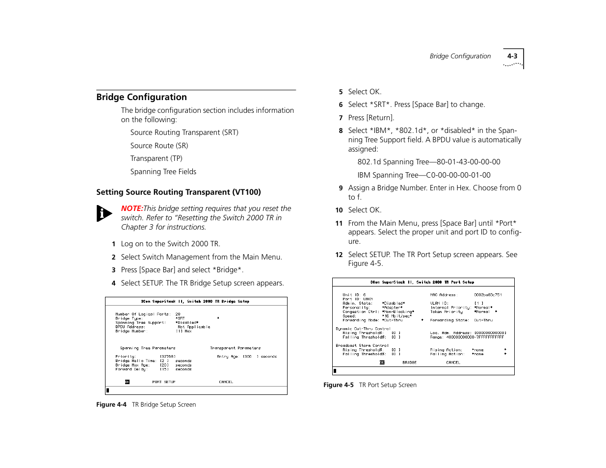 Bridge configuration, Setting source routing transparent (vt100), Bridge configuration 4-3 | Setting source routing transparent (vt100) 4-3, See the “bridge configuration” and “port configura | 3Com TR User Manual | Page 61 / 126