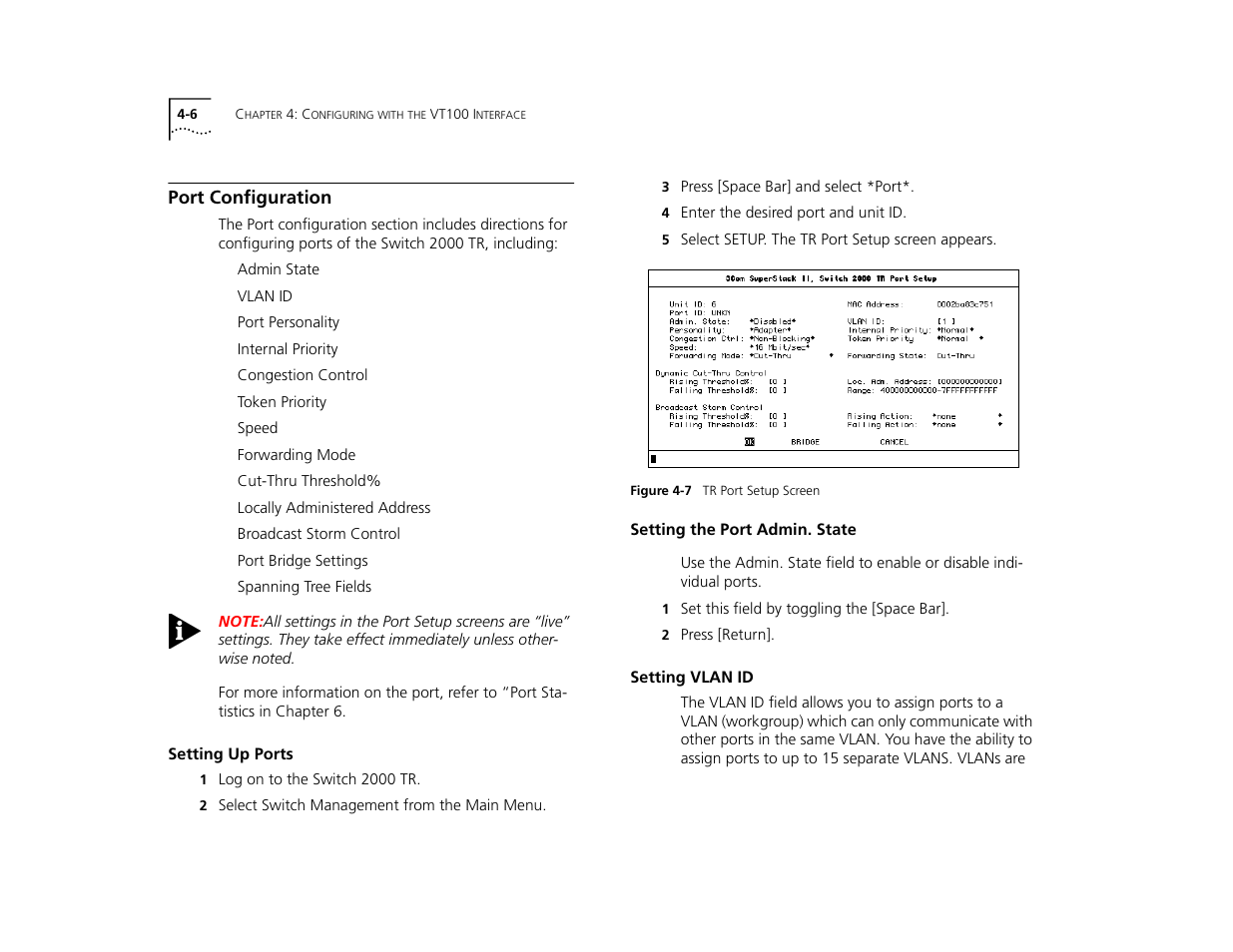 Port configuration, Setting up ports, Setting the port admin. state | Setting vlan id, Port configuration 4-6, Setting up ports 4-6, Setting the port admin. state 4-6, Setting vlan id 4-6, Tion” sections for information about the setup | 3Com TR User Manual | Page 64 / 126