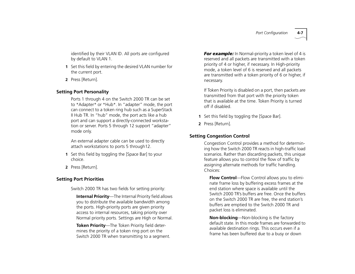 Setting port personality, Setting port priorities, Setting congestion control | Setting port personality 4-7, Setting port priorities 4-7, Setting congestion control 4-7 | 3Com TR User Manual | Page 65 / 126