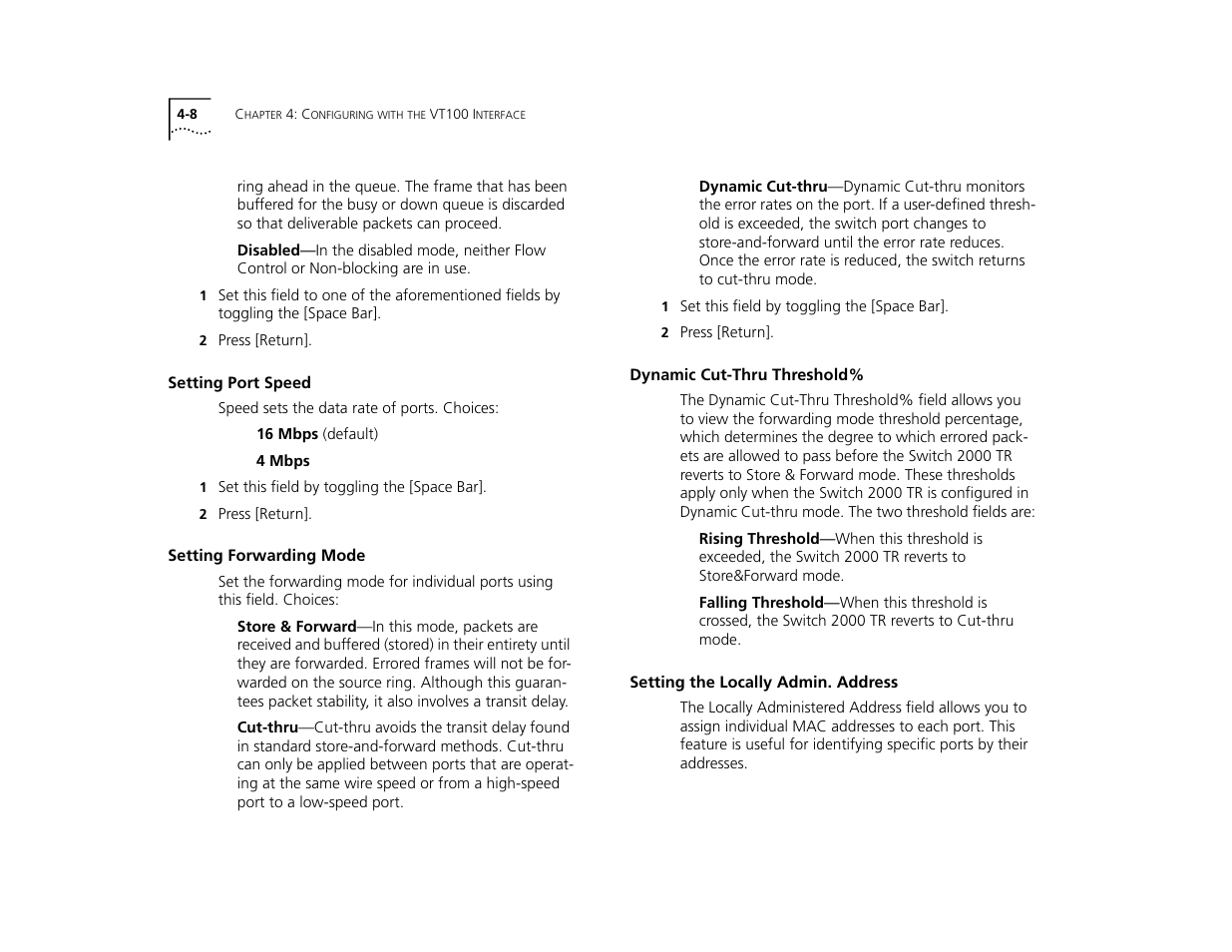 Setting port speed, Setting forwarding mode, Dynamic cut-thru threshold | Setting the locally admin. address, Setting port speed 4-8, Setting forwarding mode 4-8, Dynamic cut-thru threshold% 4-8, Setting the locally admin. address 4-8 | 3Com TR User Manual | Page 66 / 126