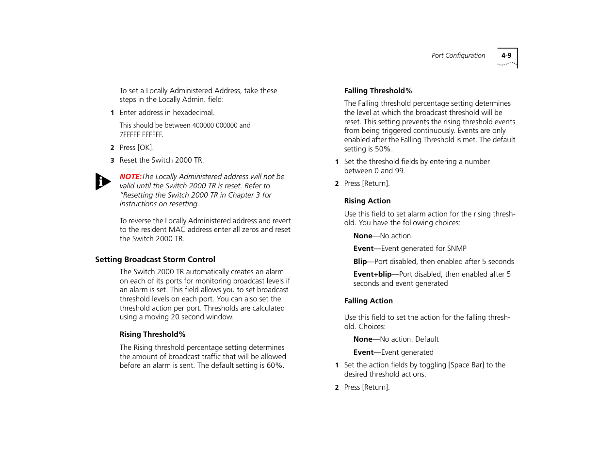 Setting broadcast storm control, Rising threshold, Falling threshold | Rising action, Falling action, Setting broadcast storm control 4-9, Rising threshold% 4-9, Falling threshold% 4-9, Rising action 4-9, Falling action 4-9 | 3Com TR User Manual | Page 67 / 126