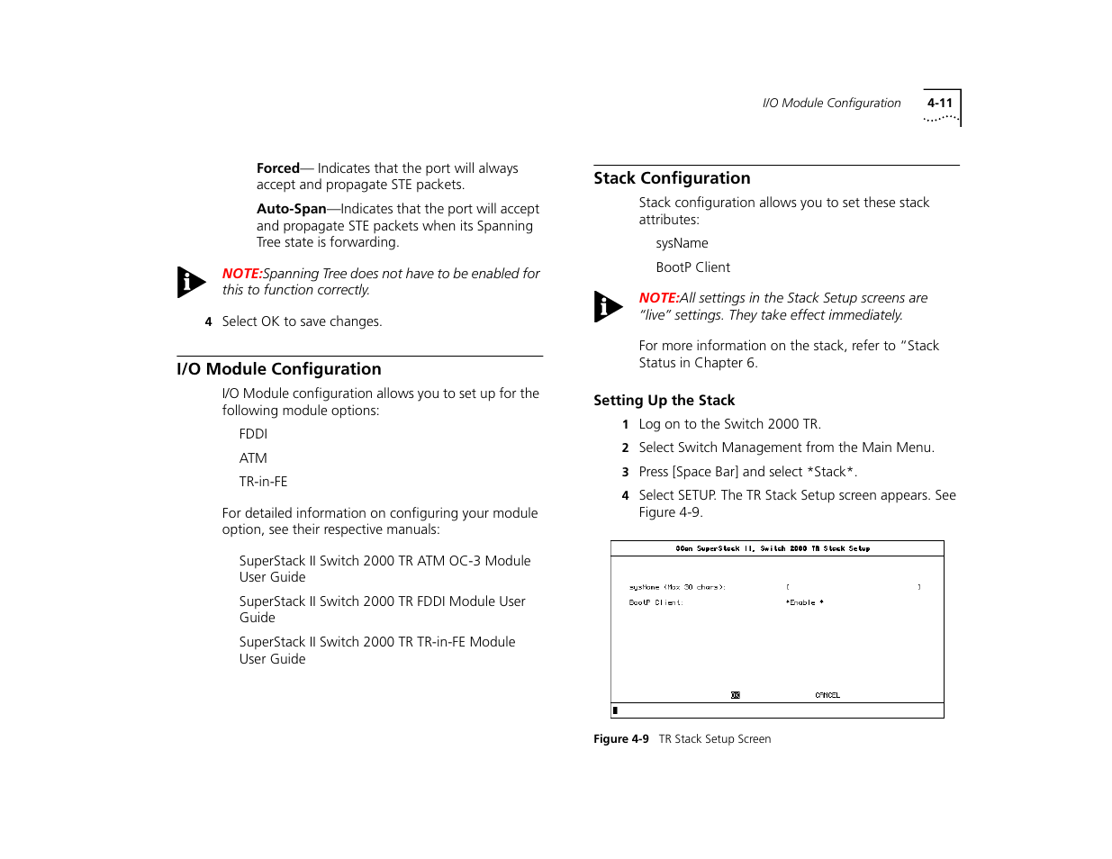 I/o module configuration, Stack configuration, Setting up the stack | I/o module configuration 4-11, Stack configuration 4-11, Setting up the stack 4-11 | 3Com TR User Manual | Page 69 / 126