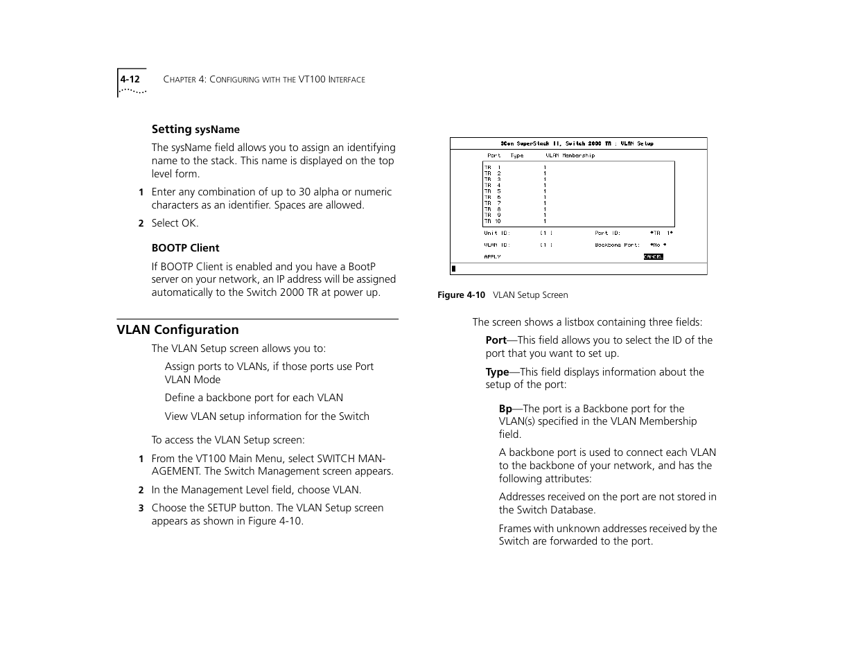 Setting sysname, Bootp client, Vlan configuration | Setting sysname 4-12, Bootp client 4-12, Vlan configuration 4-12 | 3Com TR User Manual | Page 70 / 126