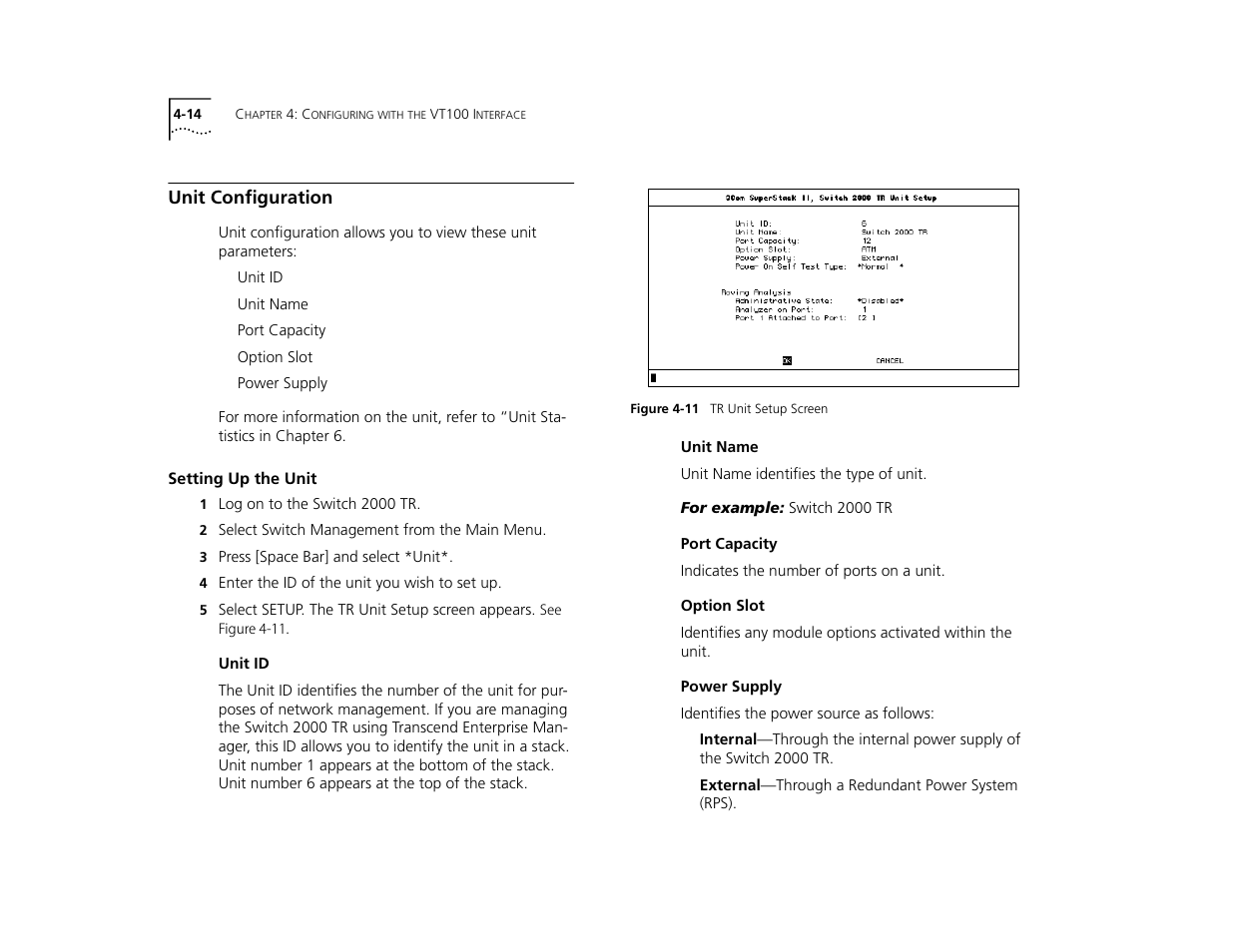 Unit configuration, Setting up the unit, Unit id | Unit name, Port capacity, Option slot, Power supply, Unit configuration 4-14, Setting up the unit 4-14, Unit id 4-14 | 3Com TR User Manual | Page 72 / 126