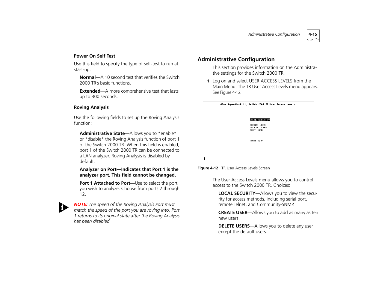 Power on self test, Roving analysis, Administrative configuration | Power on self test 4-15, Roving analysis 4-15, Administrative configuration 4-15 | 3Com TR User Manual | Page 73 / 126