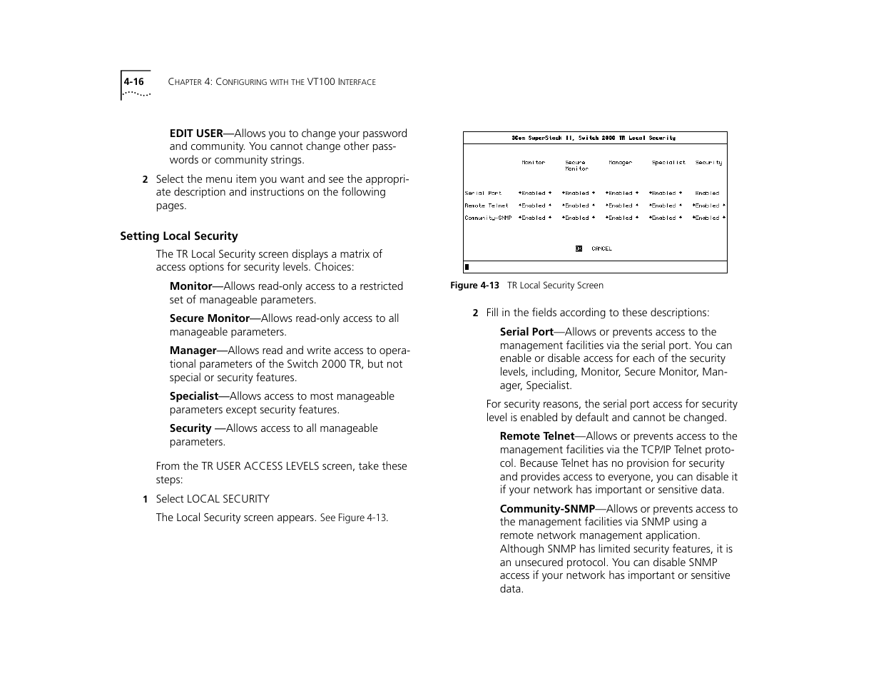 Setting local security, Setting local security 4-16 | 3Com TR User Manual | Page 74 / 126