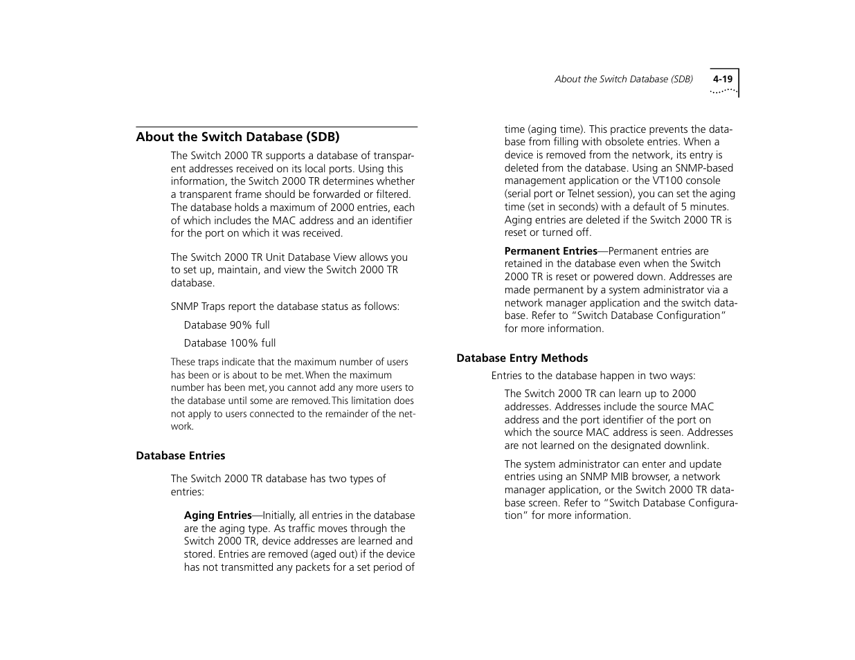 About the switch database (sdb), Database entries, Database entry methods | About the switch database (sdb) 4-19, Database entries 4-19, Database entry methods 4-19 | 3Com TR User Manual | Page 77 / 126