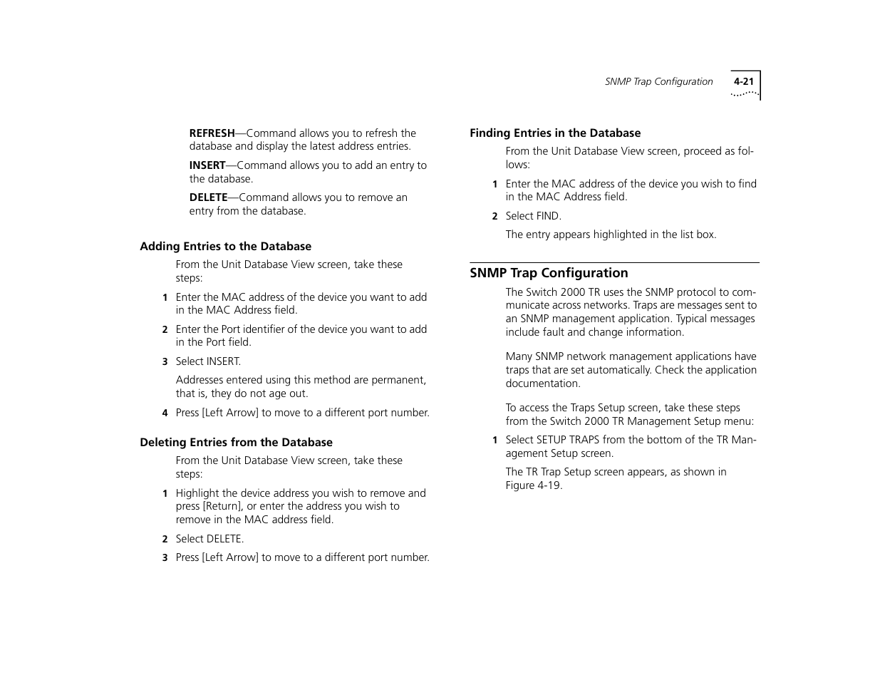 Adding entries to the database, Deleting entries from the database, Finding entries in the database | Snmp trap configuration, Adding entries to the database 4-21, Deleting entries from the database 4-21, Finding entries in the database 4-21, Snmp trap configuration 4-21 | 3Com TR User Manual | Page 79 / 126