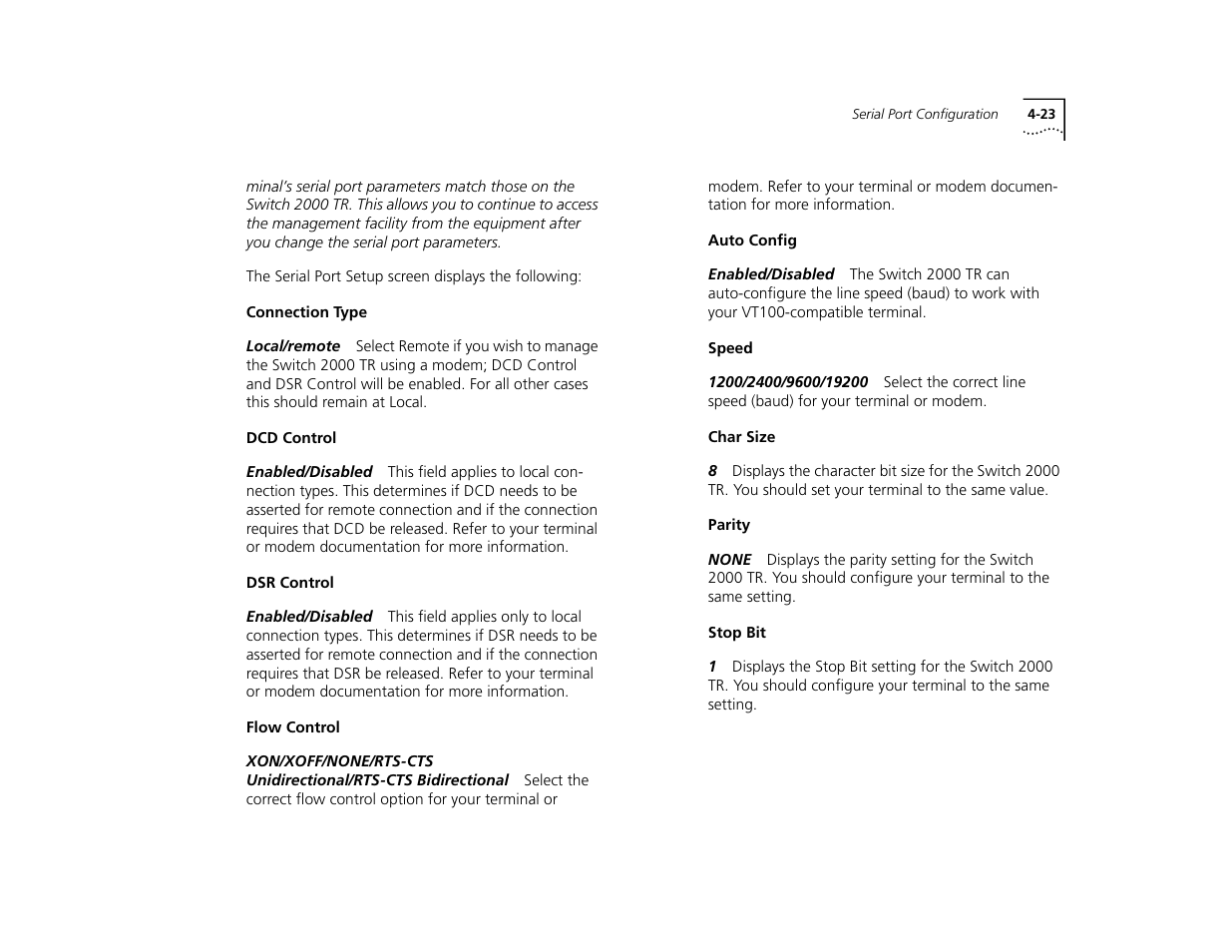 Connection type, Dcd control, Dsr control | Flow control, Auto config, Speed, Char size, Parity, Stop bit, Connection type 4-23 | 3Com TR User Manual | Page 81 / 126