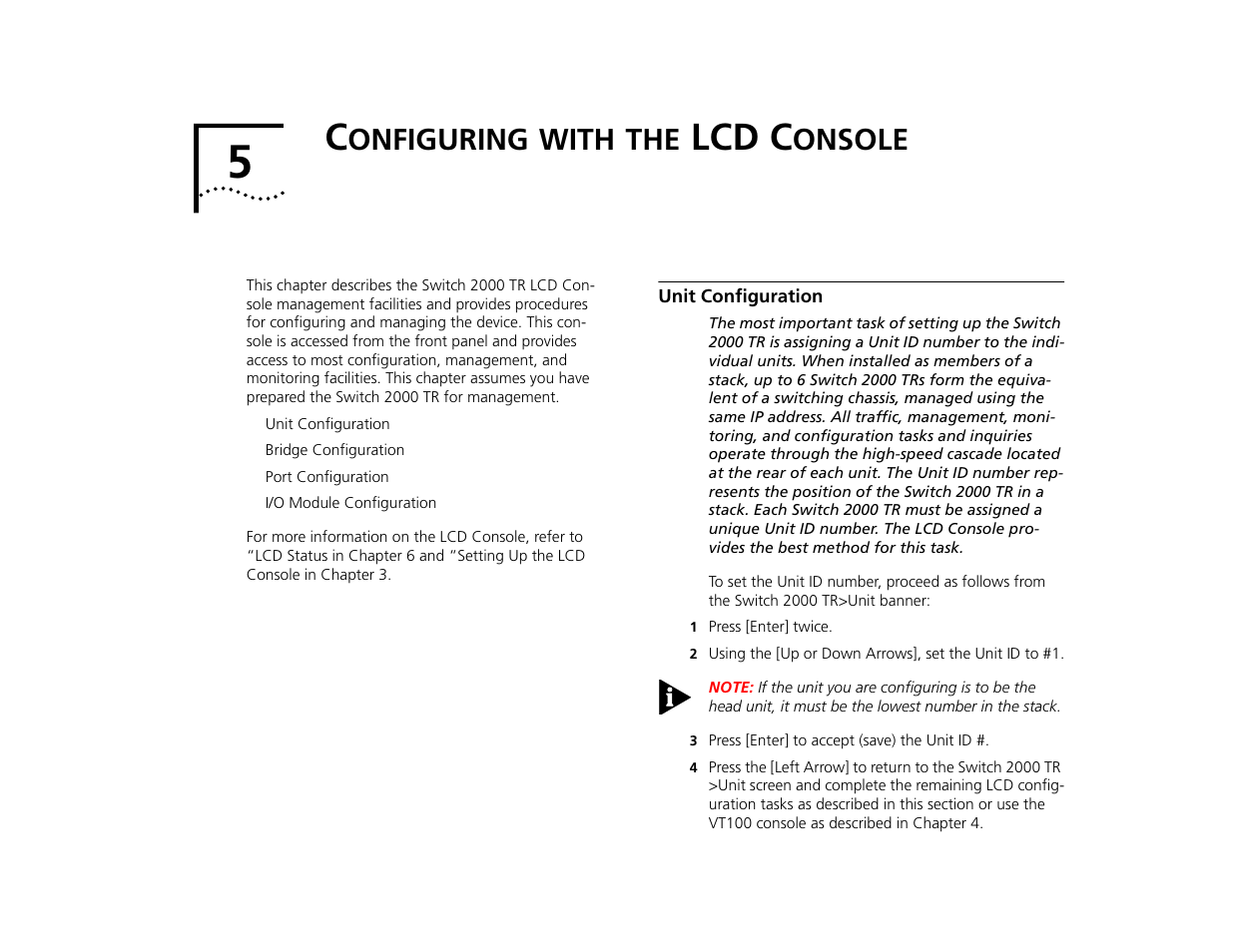Configuring with the lcd console, Unit configuration, Onfiguring | With, Lcd c, Onsole, Unit configuration 5-1 | 3Com TR User Manual | Page 83 / 126